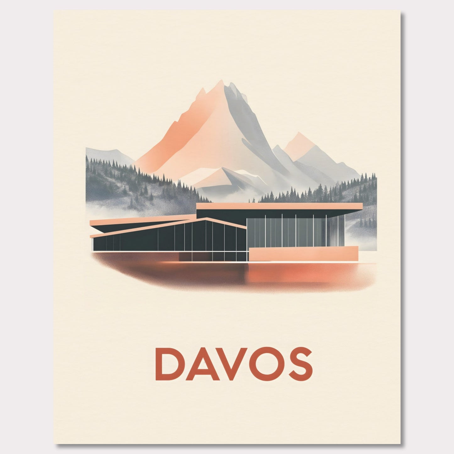 A refined travel poster showcasing Davos' modern architecture against breathtaking alpine peaks. The sleek lines of the building contrast harmoniously with the rugged mountains, embodying the balance between innovation and nature.