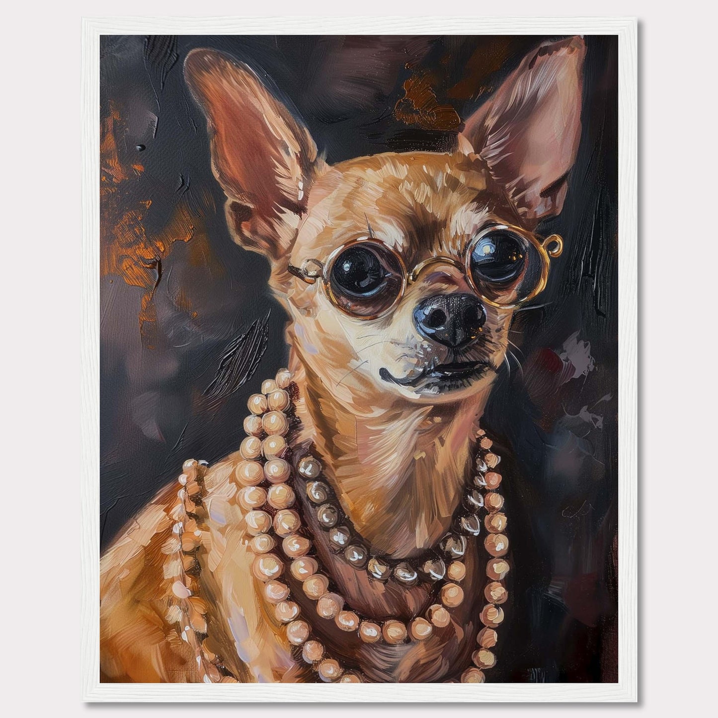 This captivating artwork features a stylish Chihuahua wearing round glasses and multiple strands of pearls. The painting exudes elegance and charm, making it a perfect statement piece for any room.