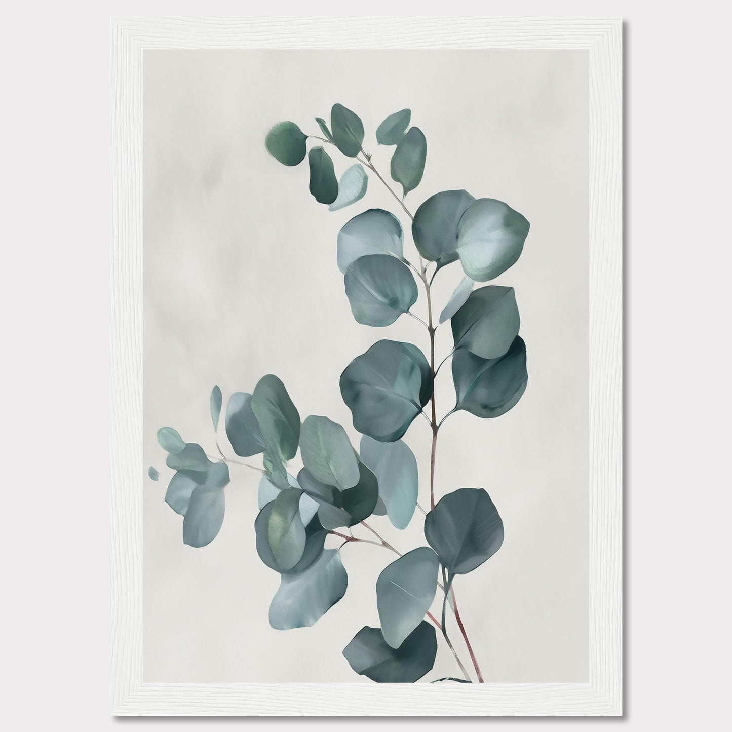 This image showcases a minimalist botanical artwork featuring eucalyptus leaves. The leaves are painted in soft, muted green tones against a light background, creating a serene and calming effect.