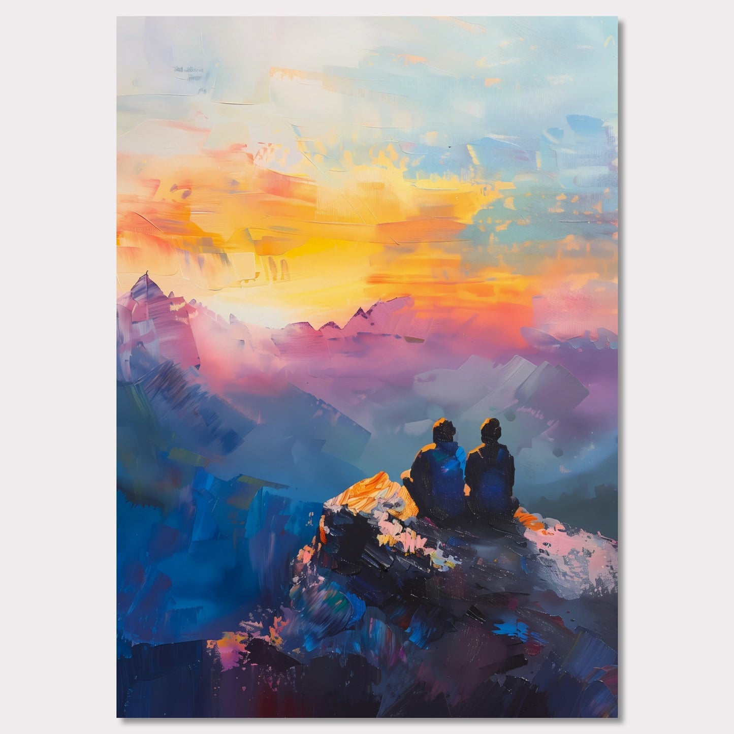 This is an illustration of two people sitting on a rocky cliff, overlooking a vibrant and colorful sunset or sunrise. The sky is painted with warm hues of orange, yellow, and pink, blending into cooler tones of blue and purple.