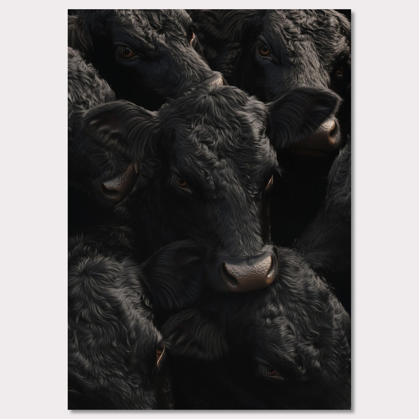 This captivating artwork features a close-up view of several black cows, their faces and textures intricately detailed. The image exudes a sense of unity and calmness among the animals.