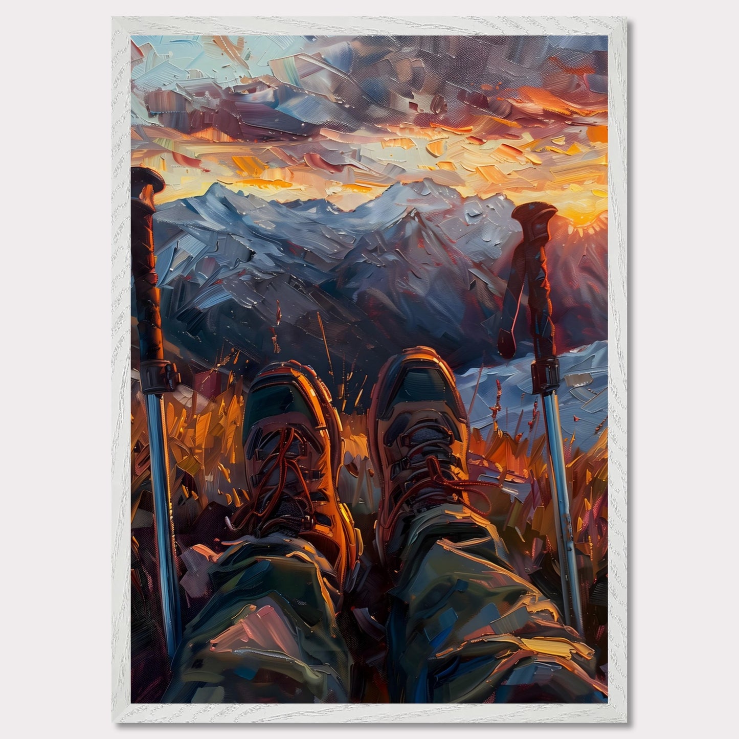 This illustration depicts a serene mountain landscape at sunset, viewed from the perspective of a hiker resting with their legs stretched out.