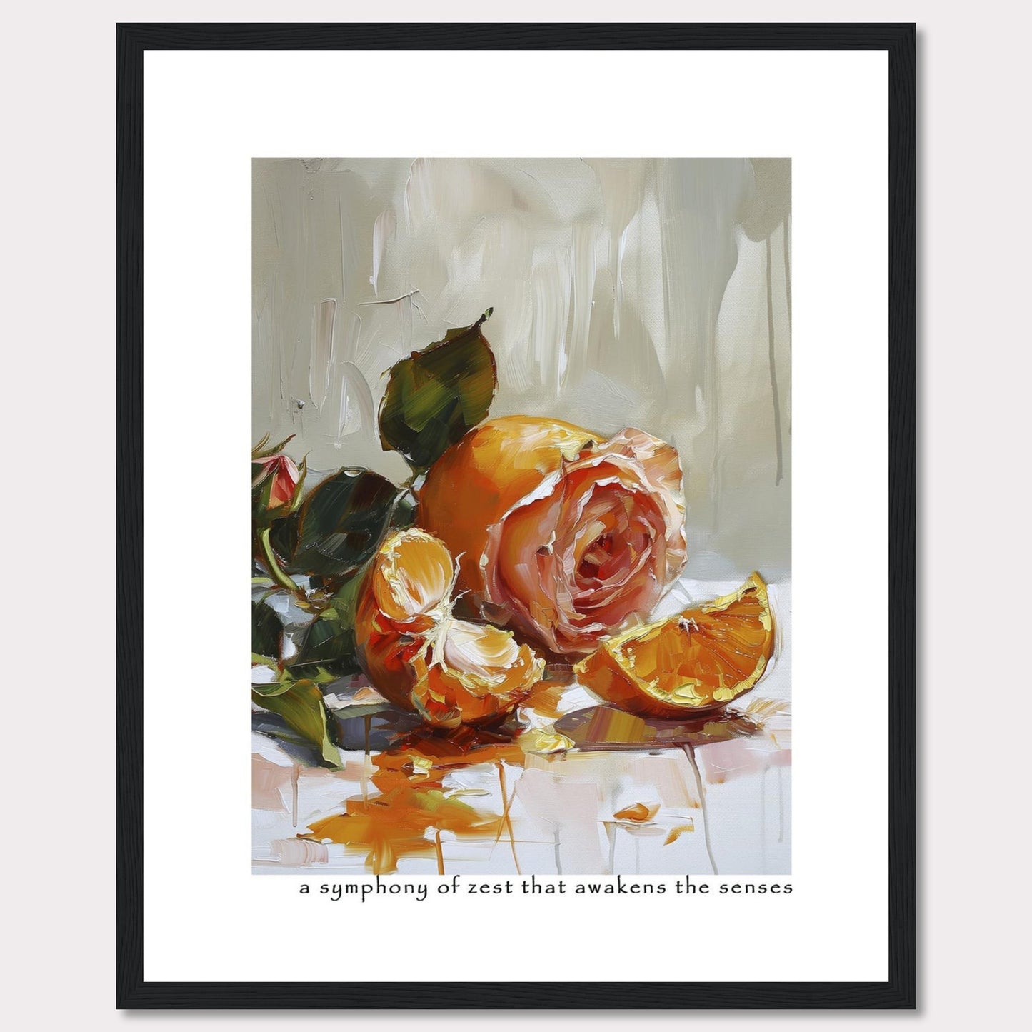 This captivating painting features a delicate rose intertwined with vibrant orange segments, creating a stunning contrast of colors and textures. The brushstrokes evoke a sense of freshness and vitality, making it a perfect piece to invigorate any space.