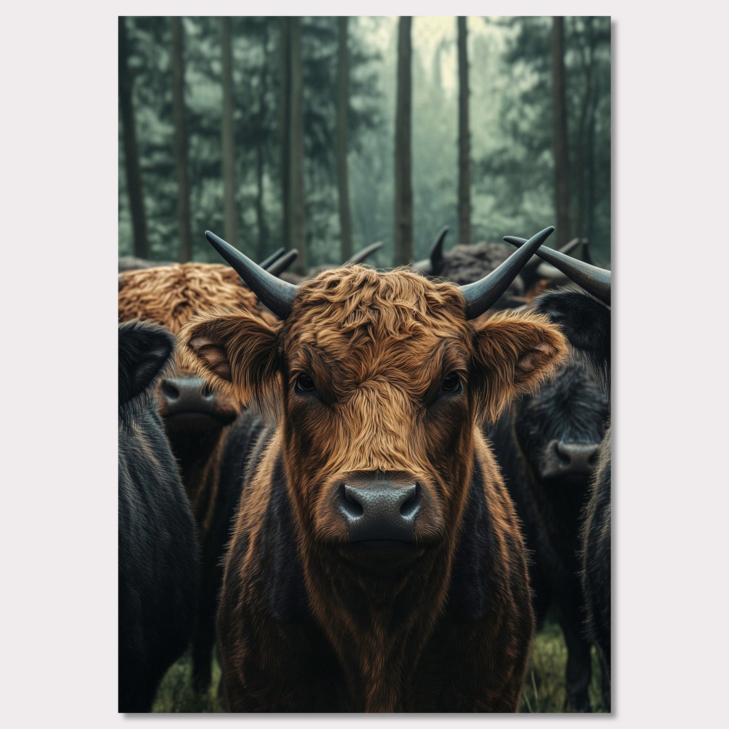 This captivating image features a herd of Highland cattle standing in a misty forest. The central focus is on a brown Highland cow, with its distinctive long horns and shaggy coat, staring directly at the viewer. The background showcases tall trees enveloped in fog, adding a mystical ambiance to the scene.