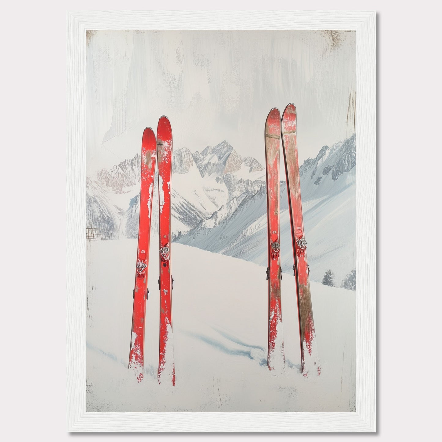 This captivating image showcases a serene winter scene with four red skis planted in the snow against a backdrop of majestic, snow-covered mountains. The skis stand out vibrantly against the white snow and the muted tones of the distant peaks. The overall composition evokes a sense of adventure and the thrill of skiing in the great outdoors.