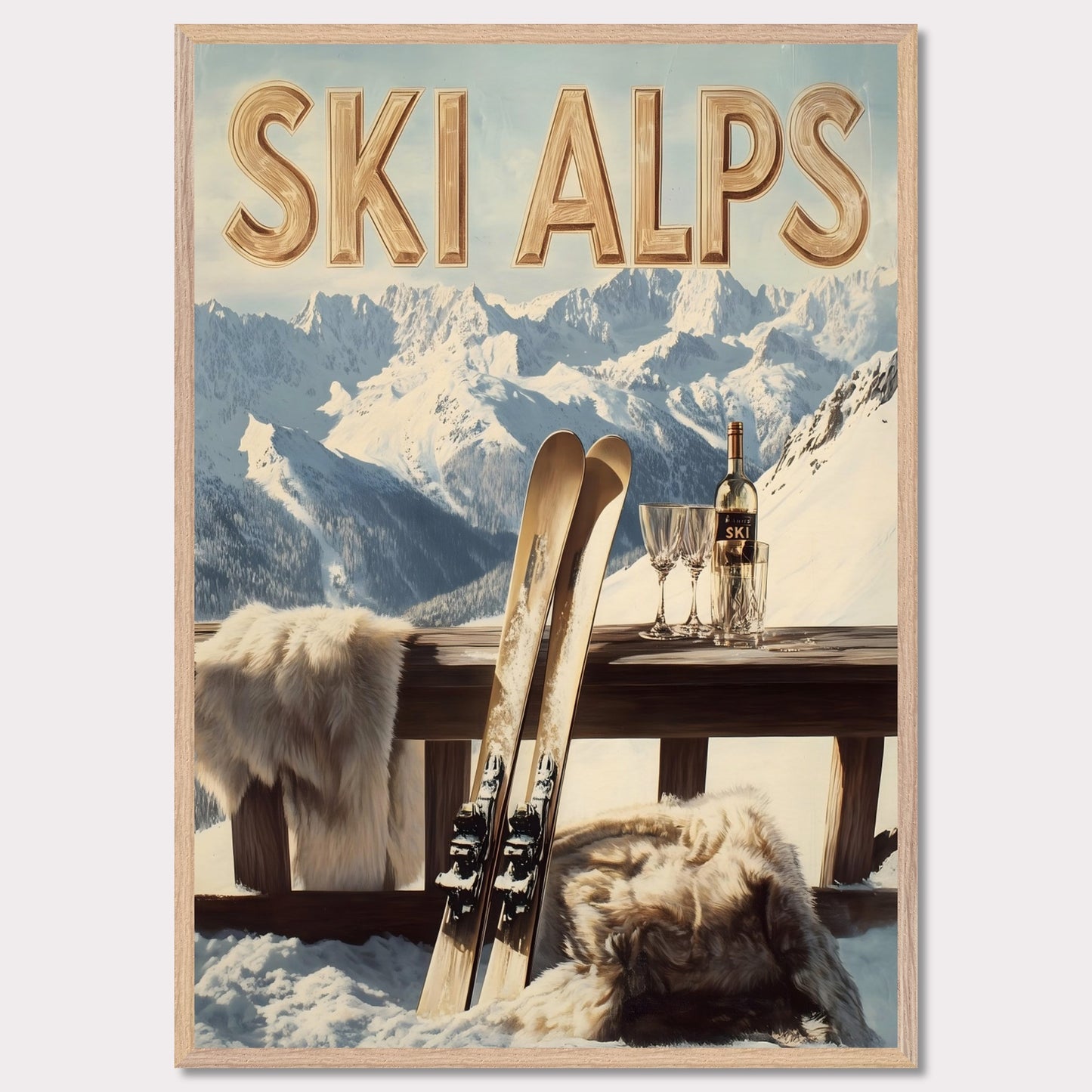 This captivating poster invites you to a serene alpine retreat, where snowy peaks stretch into the horizon. A pair of classic wooden skis leans against a rustic balcony railing, adorned with soft fur for added warmth. A bottle of fine wine and elegant glasses sit atop the table, perfectly complementing the breathtaking mountain backdrop.