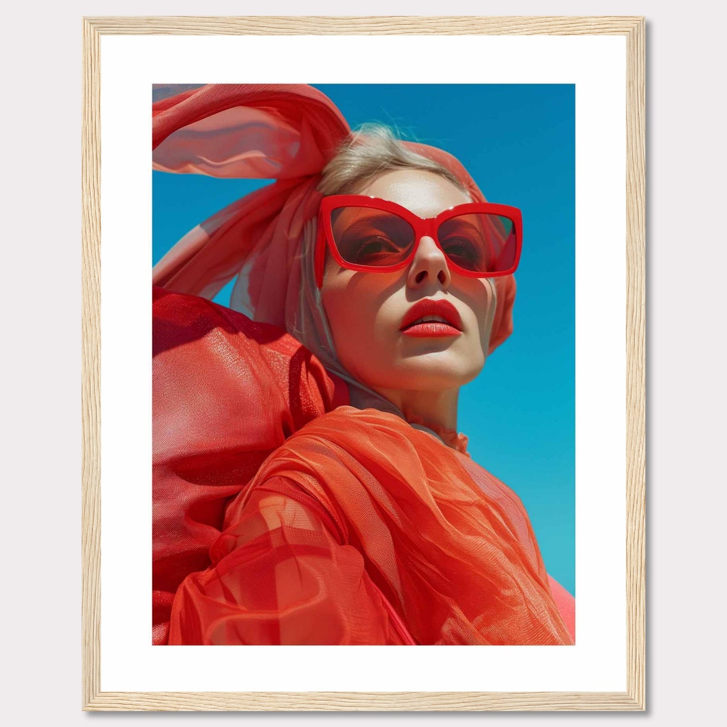 This striking photo features a confident woman wearing bold red sunglasses and a matching headscarf against a vibrant blue sky. The image is framed in a sleek black border, enhancing its modern aesthetic.