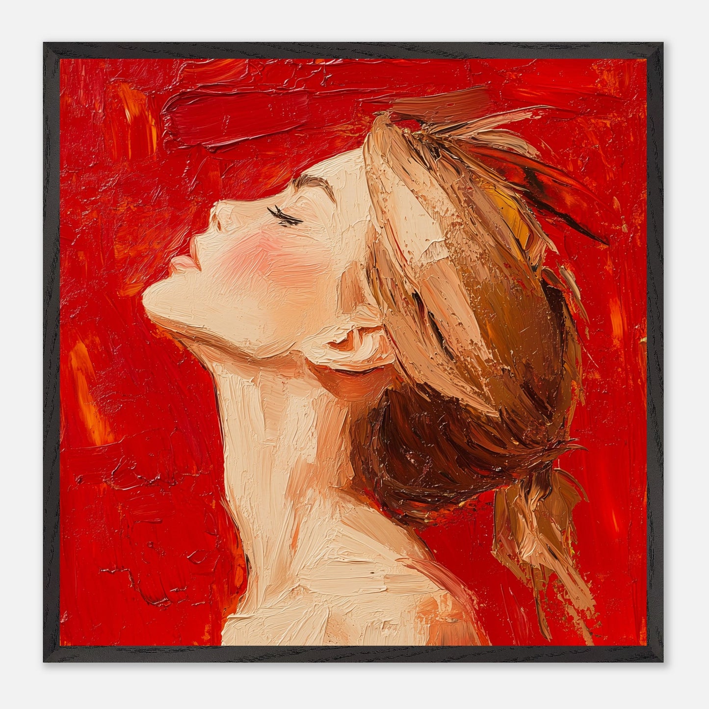 This is an illustration of a woman with her head tilted back and eyes closed, set against a vibrant red background. The artwork is characterized by thick, textured brushstrokes that give it a dynamic and expressive quality.