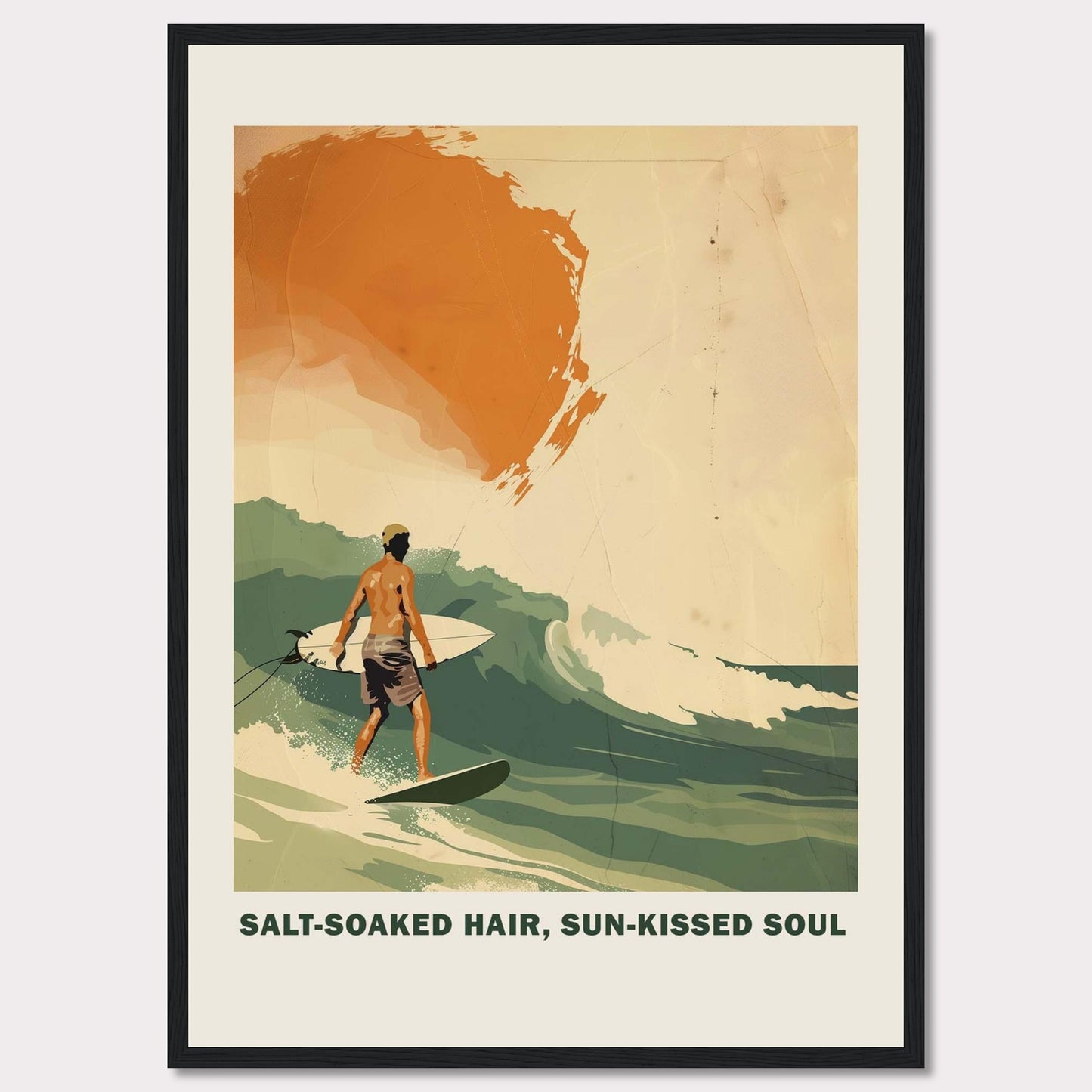 This vibrant poster showcases a surfer riding a wave with the sun setting in the background. 