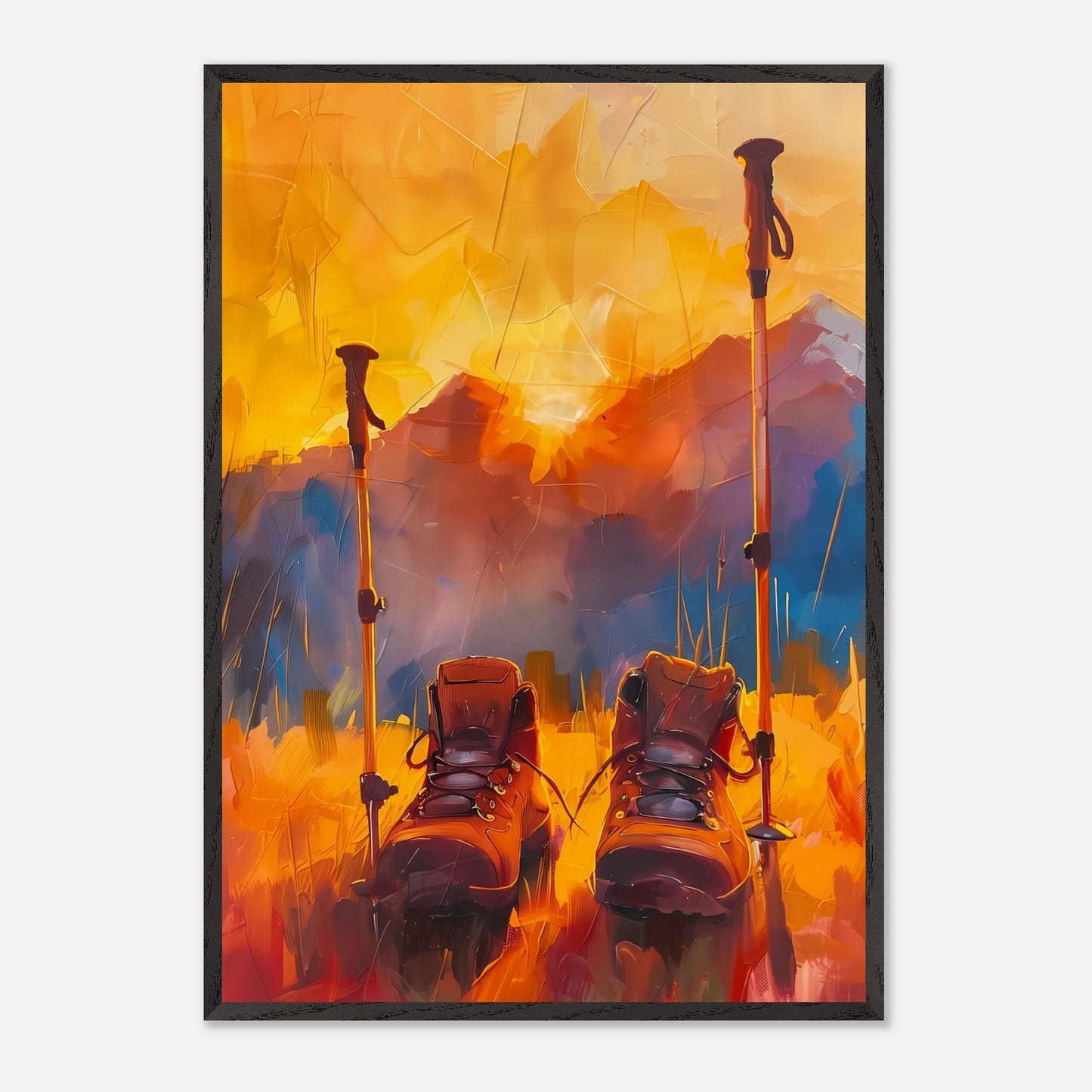 This illustration depicts a pair of hiking boots and trekking poles set against a vibrant, abstract background of mountains and a sunset.