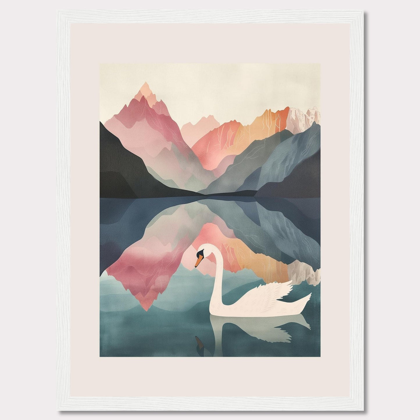 This captivating artwork features a serene swan gliding across a tranquil lake, surrounded by majestic mountains in pastel hues. The reflection of the mountains and the swan in the calm water adds a mesmerizing symmetry to the scene. The soft, muted colors evoke a sense of peace and tranquility.