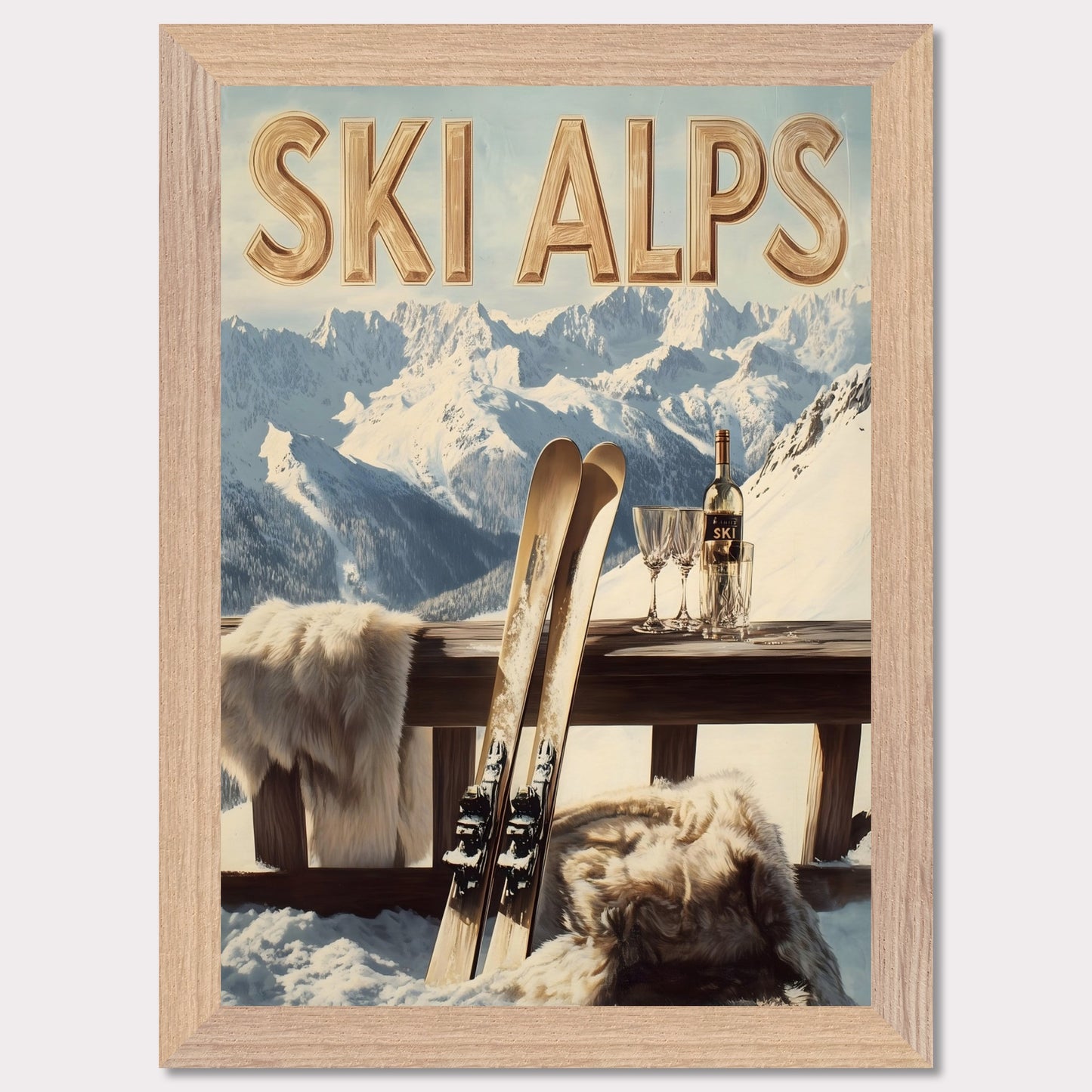 This captivating poster invites you to a serene alpine retreat, where snowy peaks stretch into the horizon. A pair of classic wooden skis leans against a rustic balcony railing, adorned with soft fur for added warmth. A bottle of fine wine and elegant glasses sit atop the table, perfectly complementing the breathtaking mountain backdrop.