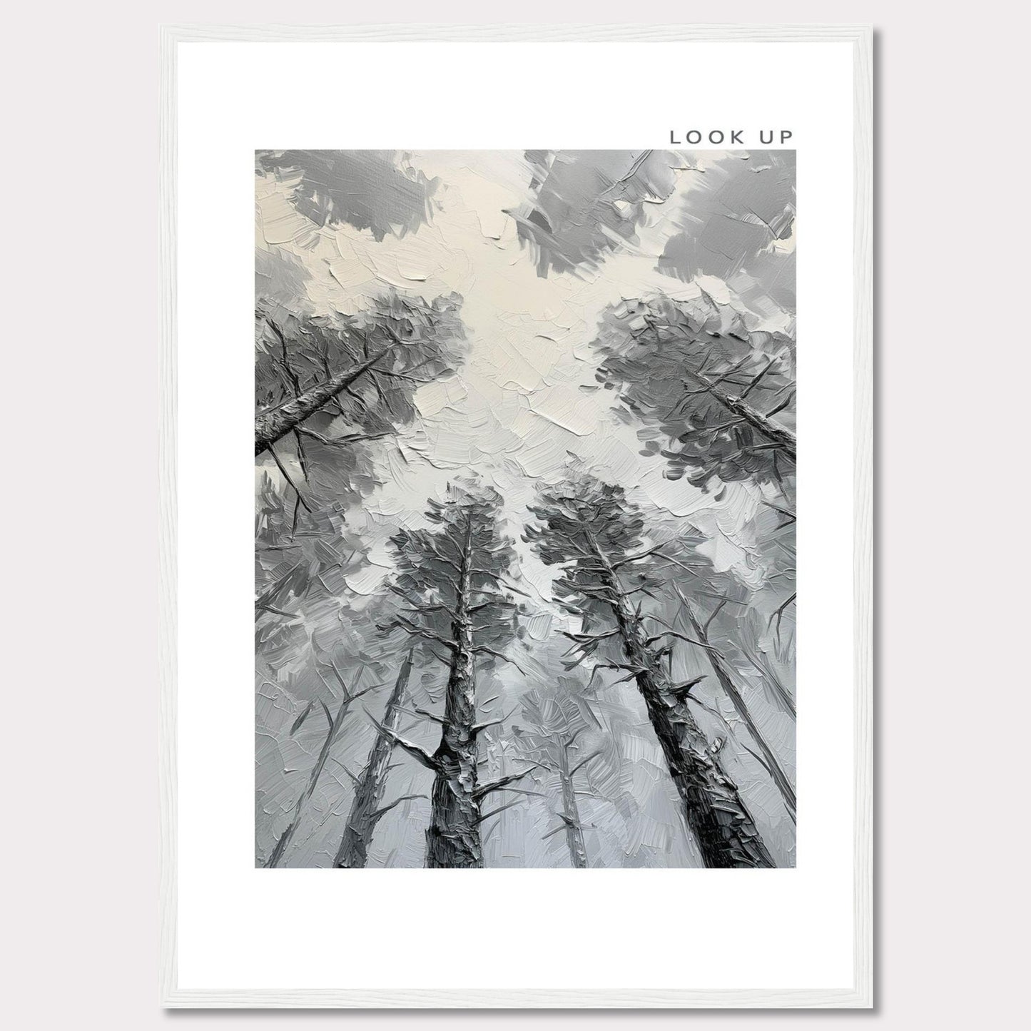 This image depicts an artistic rendering of tall trees viewed from the ground looking up, creating a sense of depth and wonder. The artwork is framed in black with the words "LOOK UP" at the top right corner.