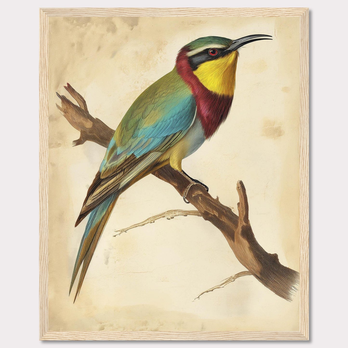 This captivating artwork features a vibrant bird perched on a branch, showcasing its colorful plumage. The background is a soft, muted beige that highlights the bird's bright hues. The bird's feathers display a stunning array of colors, including green, blue, yellow, and red. The piece is framed in a simple black frame that complements the artwork without detracting from it.