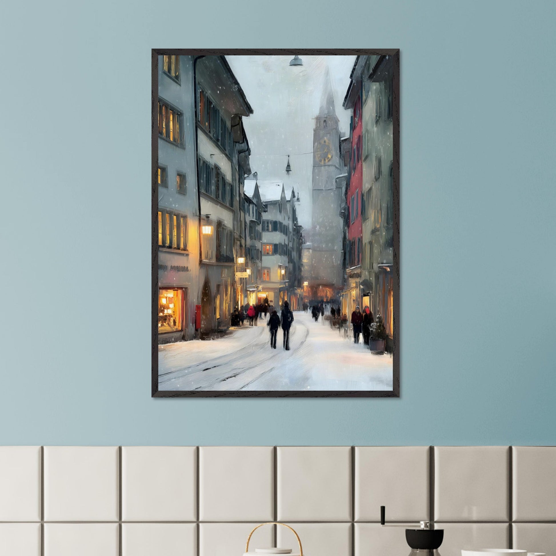 Snow falls gently between old town facades as people wander through glowing windows and quiet alleys. Time seems to slow. This image is a winter stroll, an ode to dusk, city calm, and warmth within.