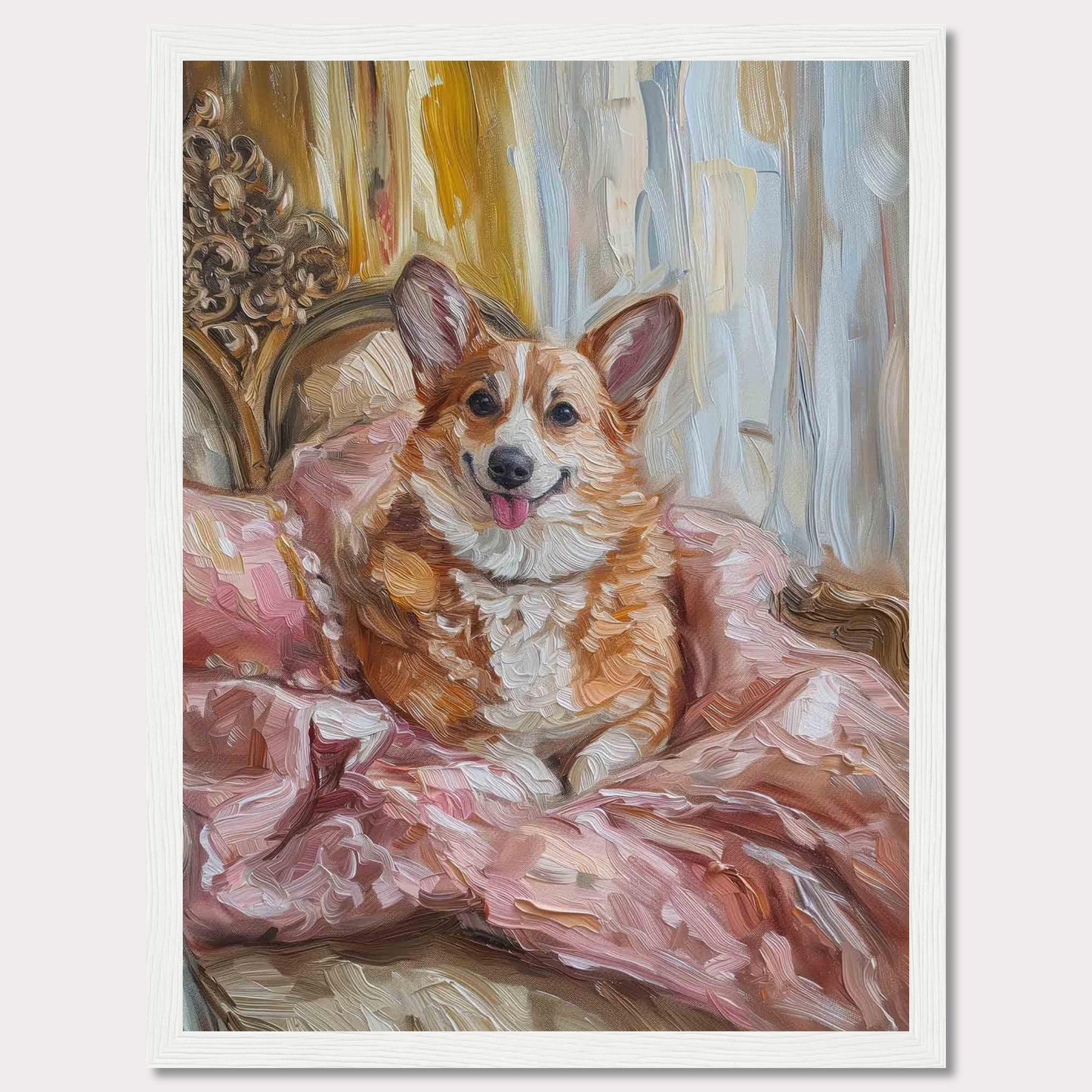 This charming painting captures a joyful corgi nestled in luxurious pink bedding, exuding warmth and happiness. The background features elegant drapery and ornate furniture, adding a touch of sophistication to the scene.