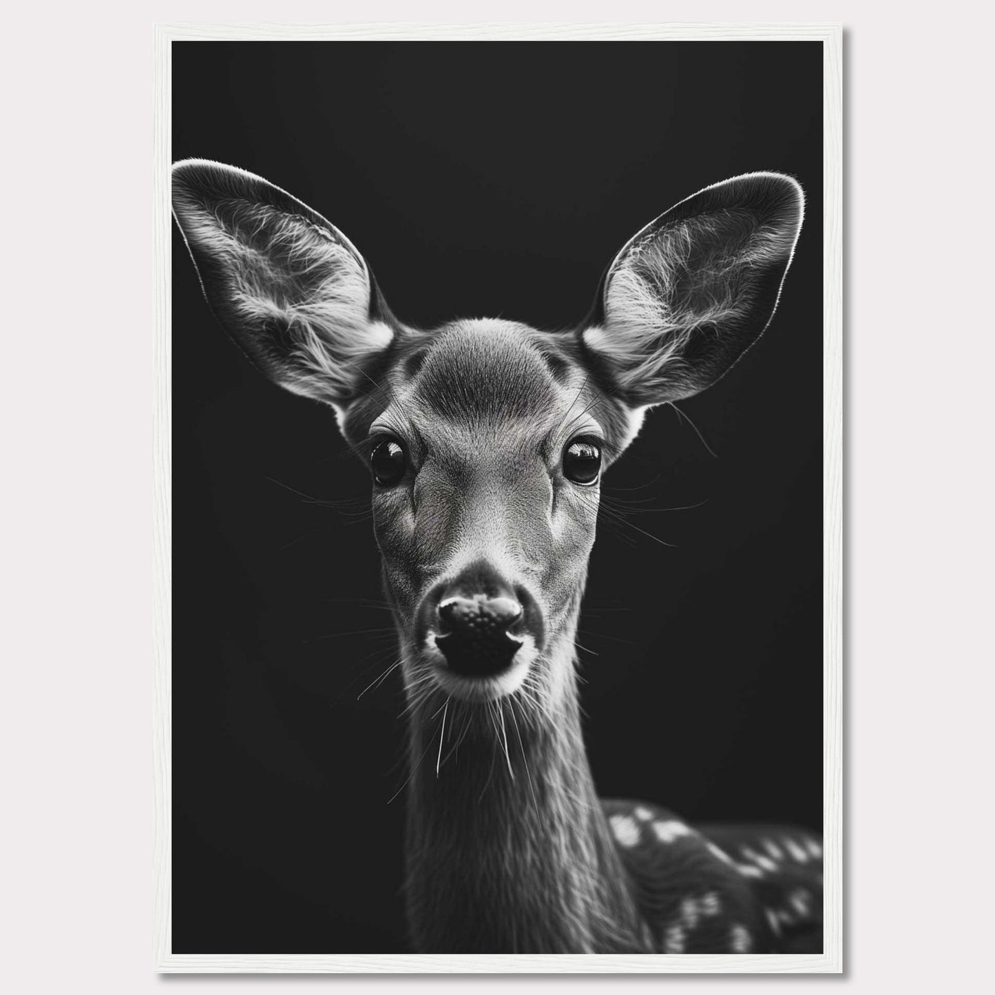 This captivating black and white photograph features a close-up of a young deer, highlighting its delicate features and expressive eyes. The dark background accentuates the deer's soft fur and intricate details, creating a striking contrast that draws the viewer in.