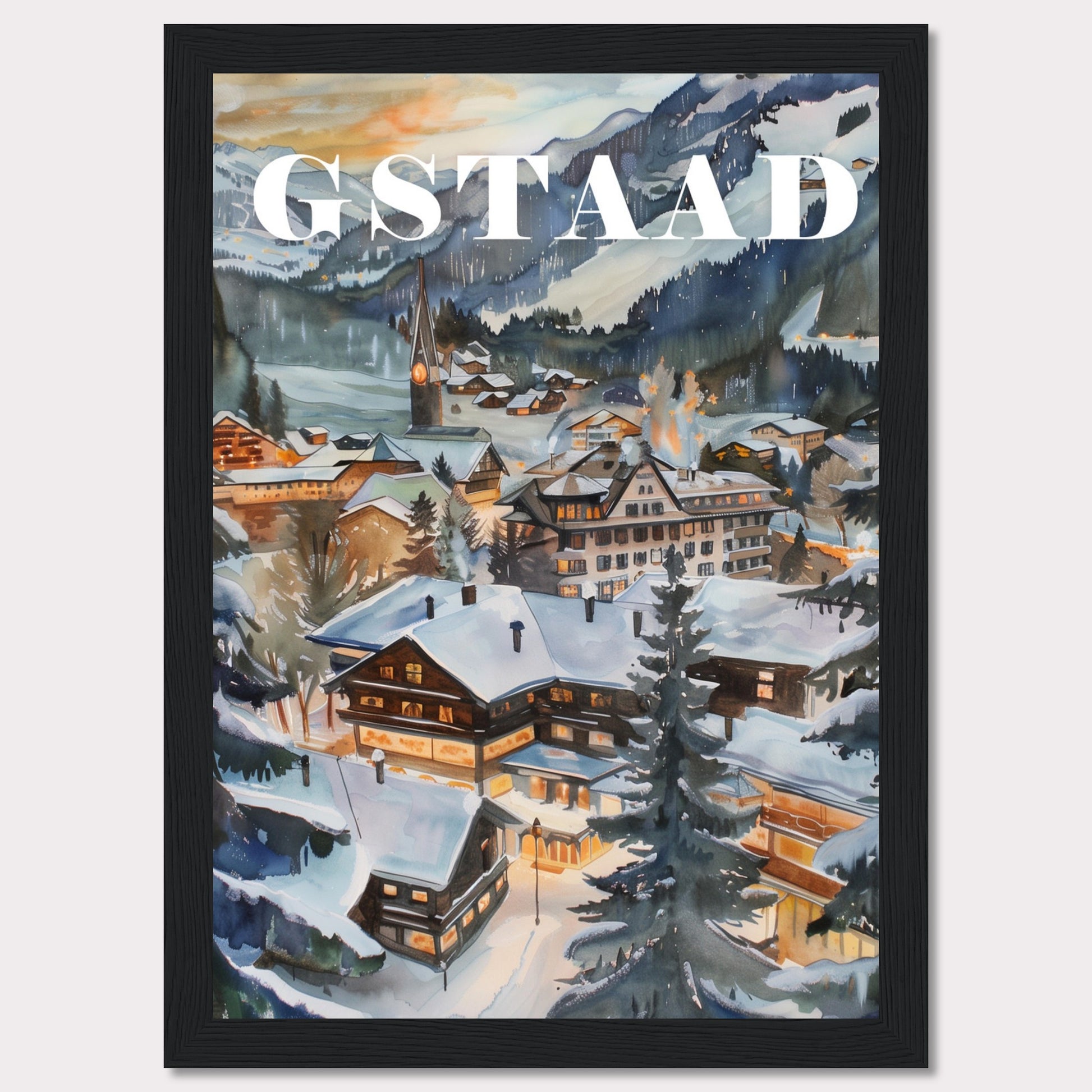 This image showcases a beautiful winter scene of Gstaad, a picturesque village nestled in the Swiss Alps. The painting captures the charm of snow-covered chalets, pine trees, and a serene mountainous backdrop under a soft evening sky.