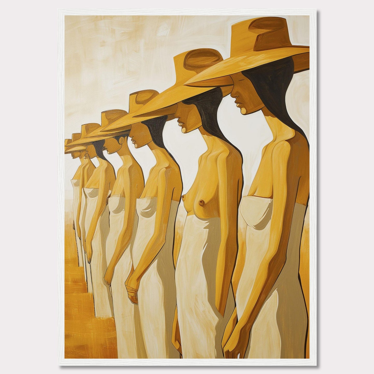 This striking artwork features a row of women standing in profile, each wearing a large hat and draped in a simple cloth. The painting captures a sense of unity and individuality through its minimalist style and warm color palette.