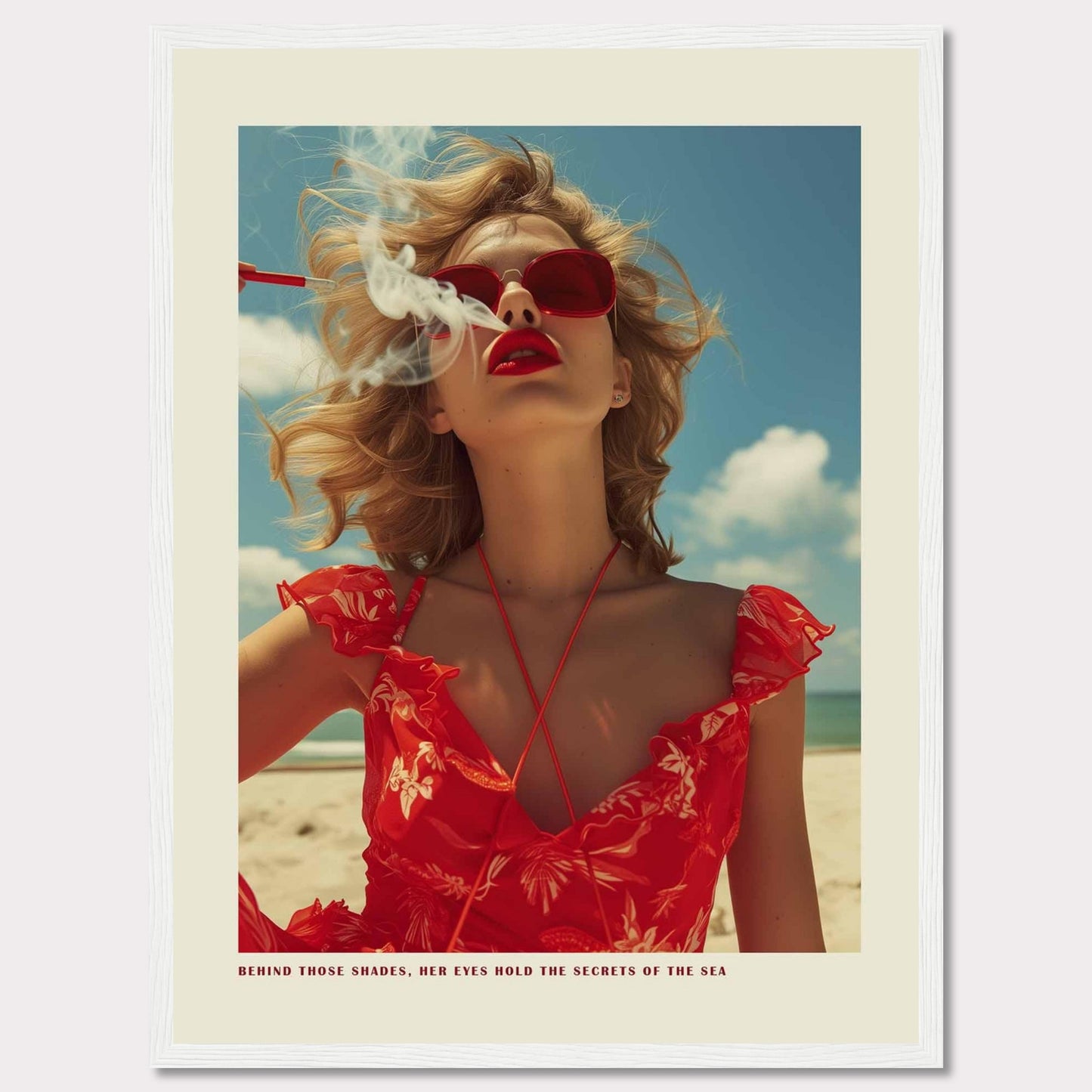 This striking image features a woman in a vibrant red dress and matching sunglasses, exuding confidence and mystery. The ocean and sky form the serene backdrop, while smoke adds an air of intrigue. The caption reads, "BEHIND THOSE SHADES, HER EYES HOLD THE SECRETS OF THE SEA."