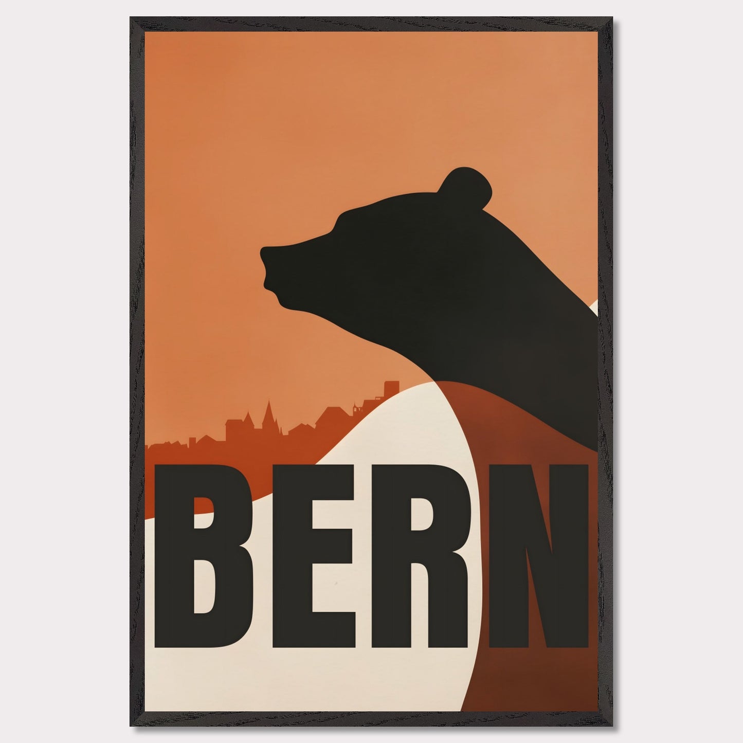 This minimalist poster features the silhouette of a bear — the symbol of Bern — against an orange sky and the city's architectural skyline. Simple yet profound, the design captures the atmosphere of Switzerland's capital and its rich cultural heritage.