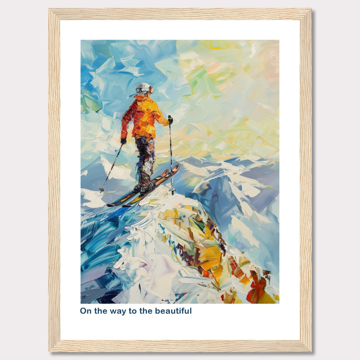 This vibrant painting captures a skier standing at the peak of a snowy mountain, ready to descend. The skier is dressed in an orange jacket and helmet, holding ski poles. The background features a stunning array of colors depicting the sky and distant mountains.