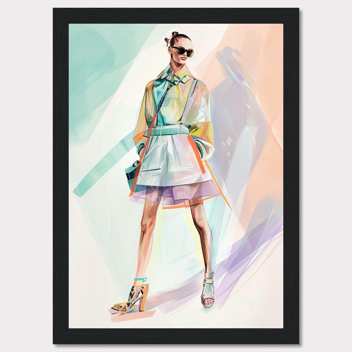 This stunning artwork features a stylish figure in a vibrant, modern outfit. The person is wearing a colorful, translucent coat over a layered skirt, with high-fashion heels and chic sunglasses. The background is an abstract blend of pastel colors, enhancing the fashionable vibe.