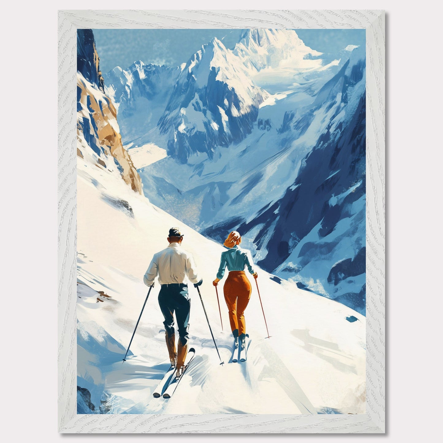 This retro poster captures the elegance and adventure of alpine skiing in Switzerland, circa 1960. Two fashionable skiers glide down the pristine snow with majestic mountains towering in the background. The vibrant colors of their outfits contrast beautifully against the white landscape, while the bold lettering emphasizes the stylish allure of alpine sports.