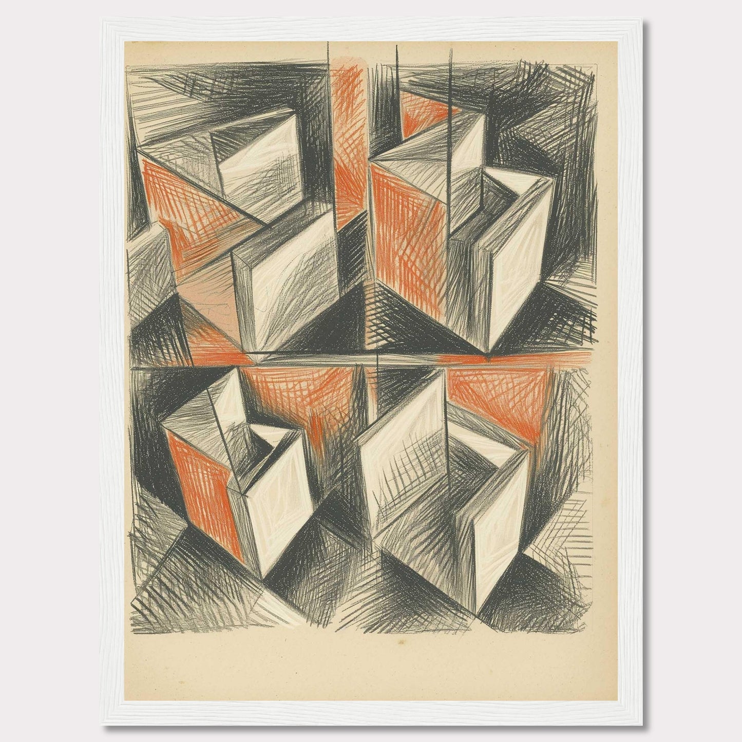 This artwork features an abstract geometric composition with intersecting shapes and lines. The use of black and orange tones creates a dynamic and intriguing visual effect.