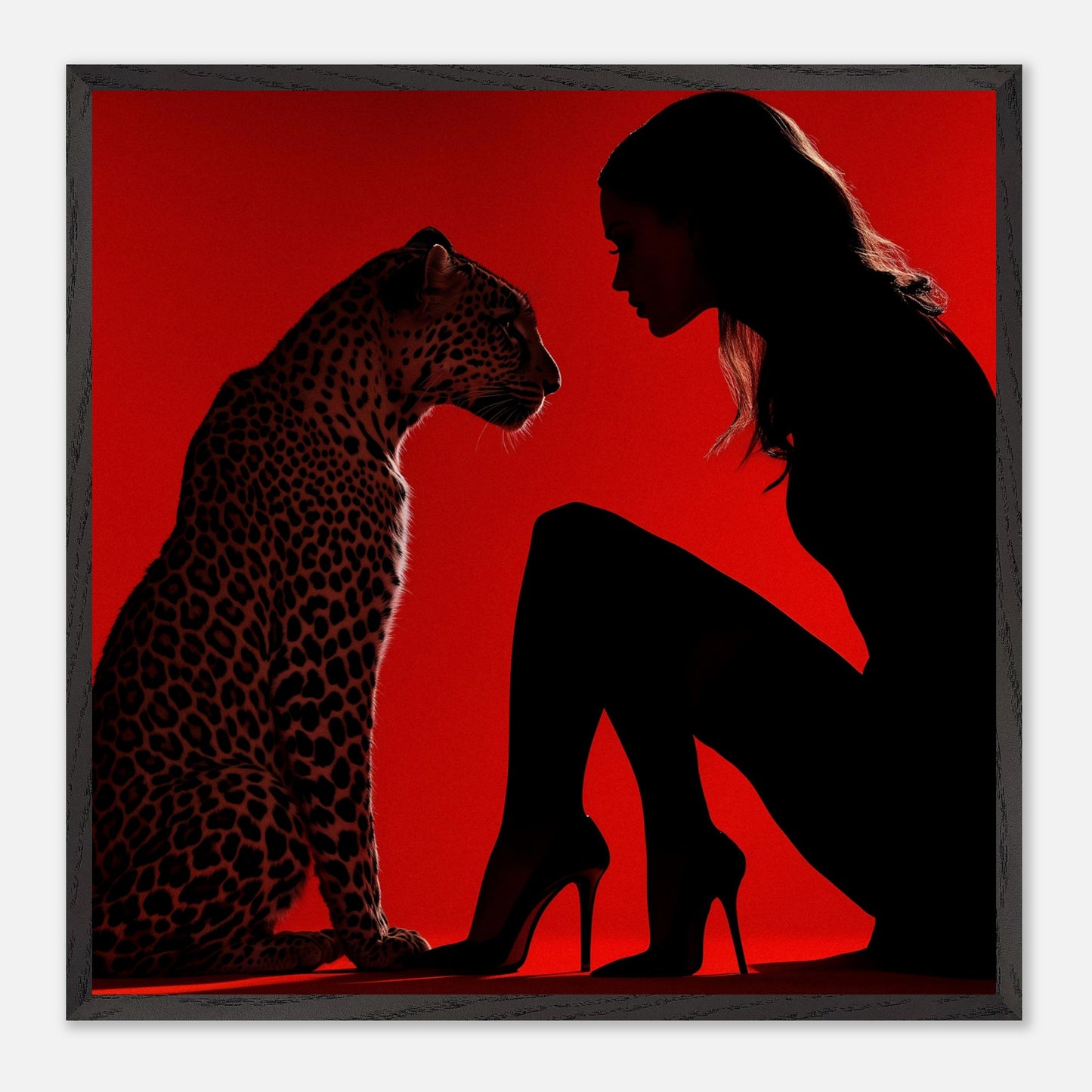 This illustration depicts a silhouette of a woman and a leopard against a vibrant red background. The woman is wearing high heels and is in a kneeling position, facing the leopard. The scene creates a dramatic and intense atmosphere through the use of contrasting colors and shadow play.