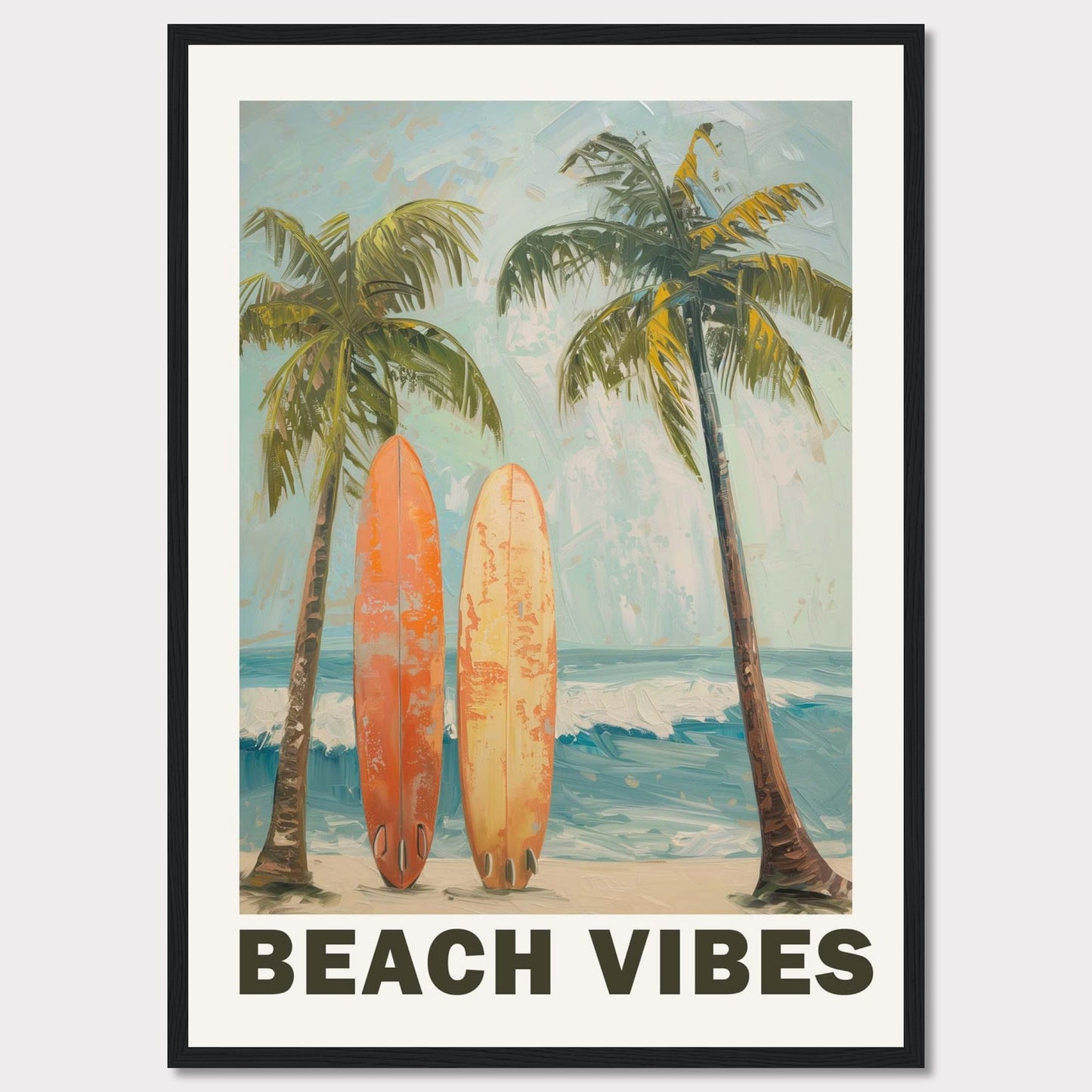 This vibrant artwork captures the essence of a perfect beach day. Two surfboards rest against tall palm trees, with waves crashing in the background and a clear sky above.