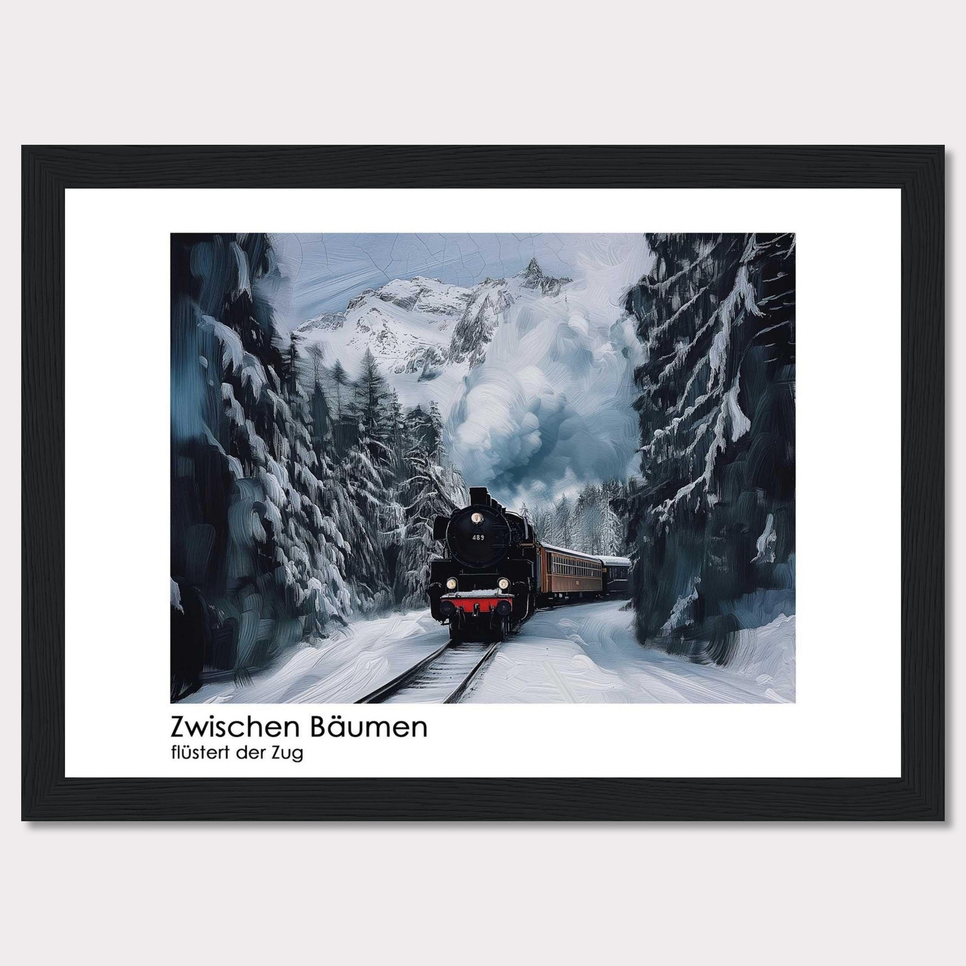 This captivating image depicts a steam train chugging through a snowy forest, with towering pine trees on either side and majestic snow-covered mountains in the background. The scene is serene and picturesque, capturing the essence of winter wonderland.