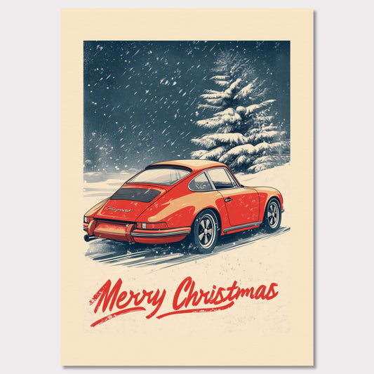 This nostalgic holiday poster features a striking red Porsche driving through a snow-covered landscape, with festive snowflakes gently falling around the scene. A snowy tree and soft winter hues create a cozy and festive atmosphere. The bold "Merry Christmas" typography adds an extra touch of holiday cheer, making it a perfect way to celebrate the season with a classic car enthusiast's touch.