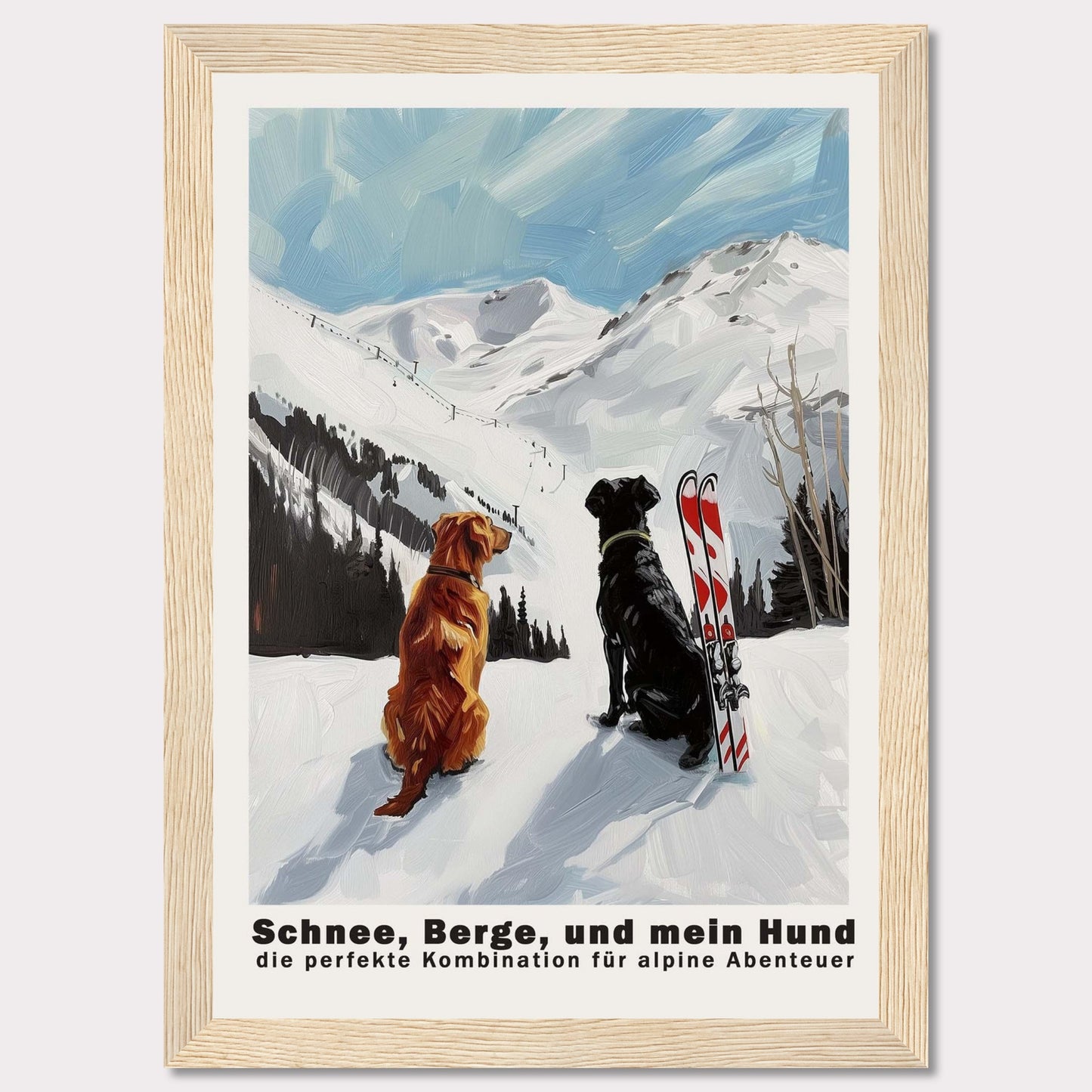 This image depicts two dogs sitting in the snow, gazing at a snowy mountain landscape. Next to them is a pair of skis, suggesting an alpine adventure. The sky is clear with a few clouds, adding to the serene and adventurous atmosphere.