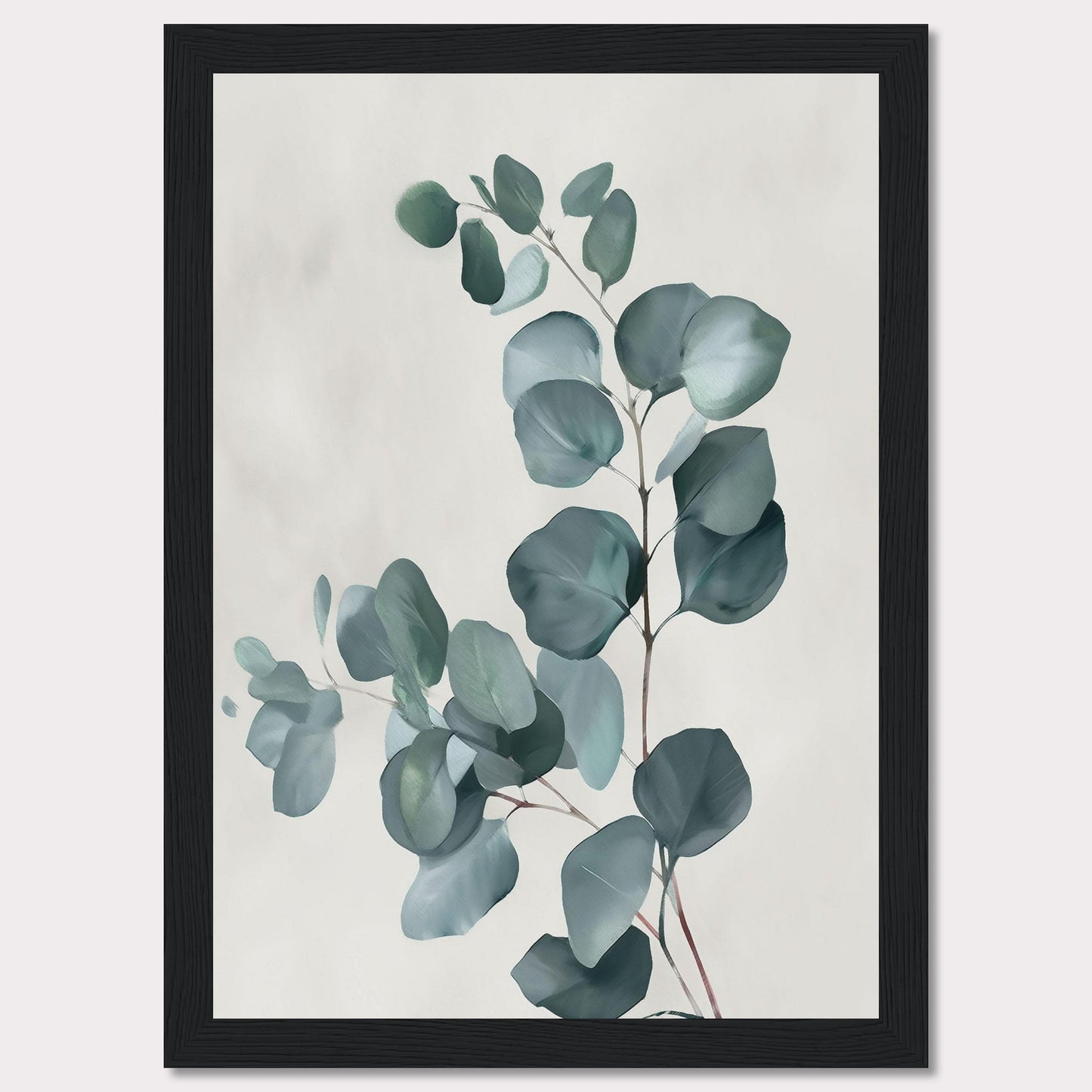 This image showcases a minimalist botanical artwork featuring eucalyptus leaves. The leaves are painted in soft, muted green tones against a light background, creating a serene and calming effect.