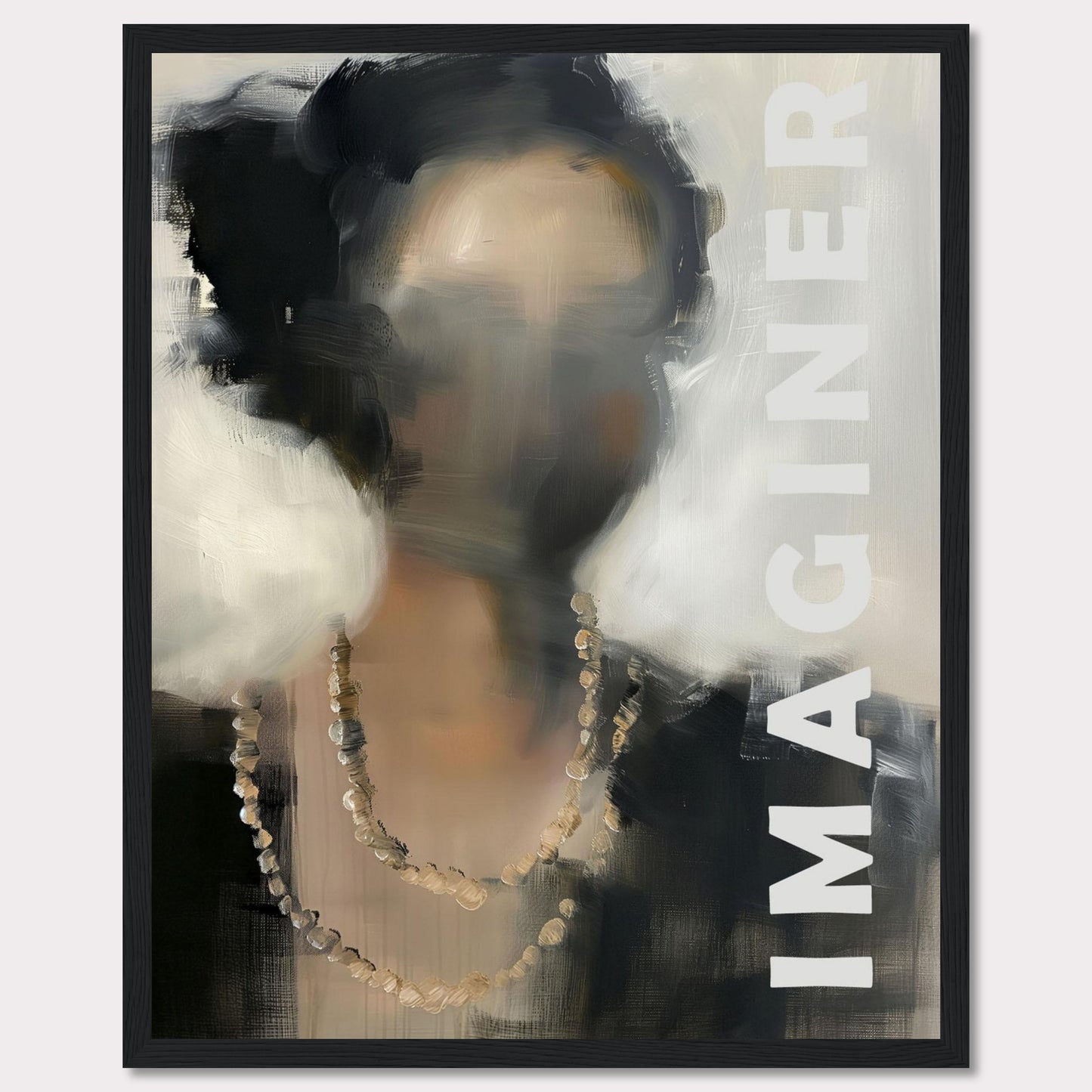 This captivating artwork features an abstract portrait of a person with blurred facial details, adorned with a beaded necklace. The word "IMAGINER" is prominently displayed along the right side, inviting viewers to envision their own interpretations.