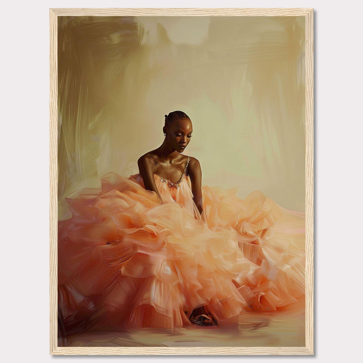 This captivating image features a serene woman in an elegant, voluminous peach gown. The soft, flowing fabric of the dress creates a dreamy and ethereal atmosphere. The background is a subtle blend of warm tones, enhancing the tranquil mood of the scene. The woman's poised and contemplative expression adds depth to the composition.