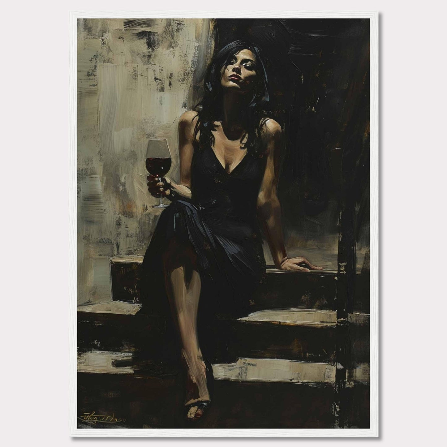 This captivating painting depicts a woman in an elegant black dress, seated on a set of steps. She holds a glass of red wine, exuding confidence and sophistication. The dark, moody background contrasts with her poised demeanor, creating a sense of intrigue and allure.