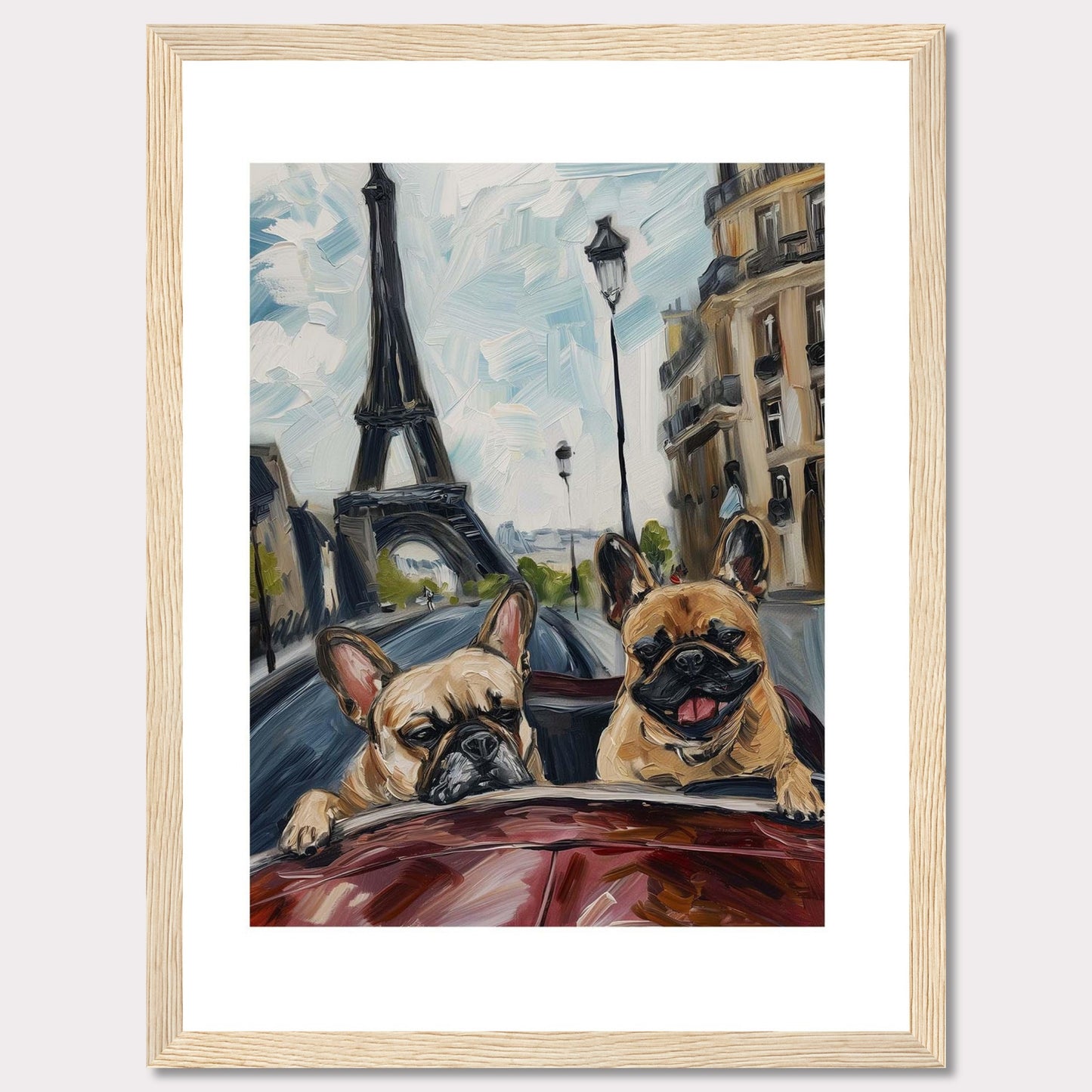 This vibrant painting captures two adorable French Bulldogs enjoying a ride in a car with the iconic Eiffel Tower in the background. The artwork beautifully blends elements of Parisian architecture, street lamps, and the joyful expressions of the dogs.