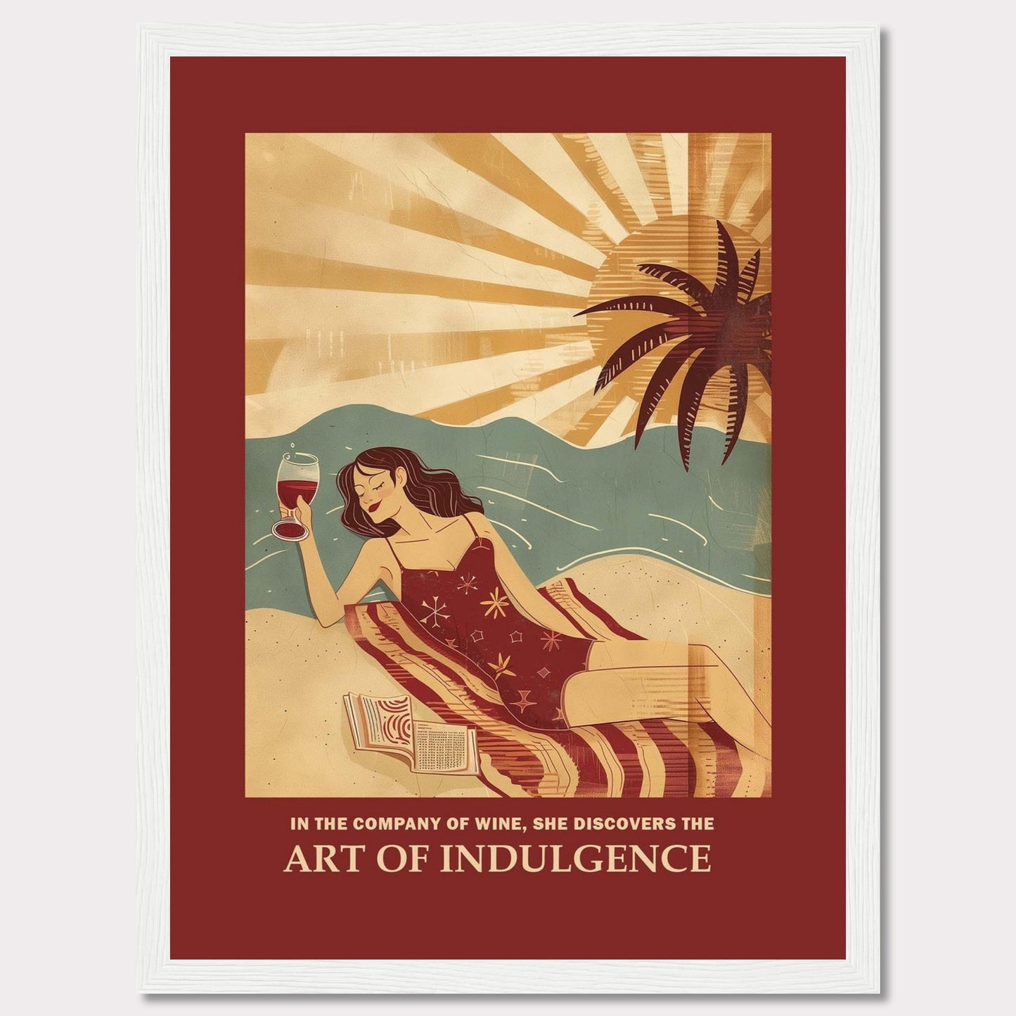 This vibrant poster features a woman relaxing on a beach with a glass of wine. The sun is setting behind a palm tree, casting warm rays over the scene. She is lying on a striped blanket with an open book beside her, embodying a moment of pure relaxation and indulgence.