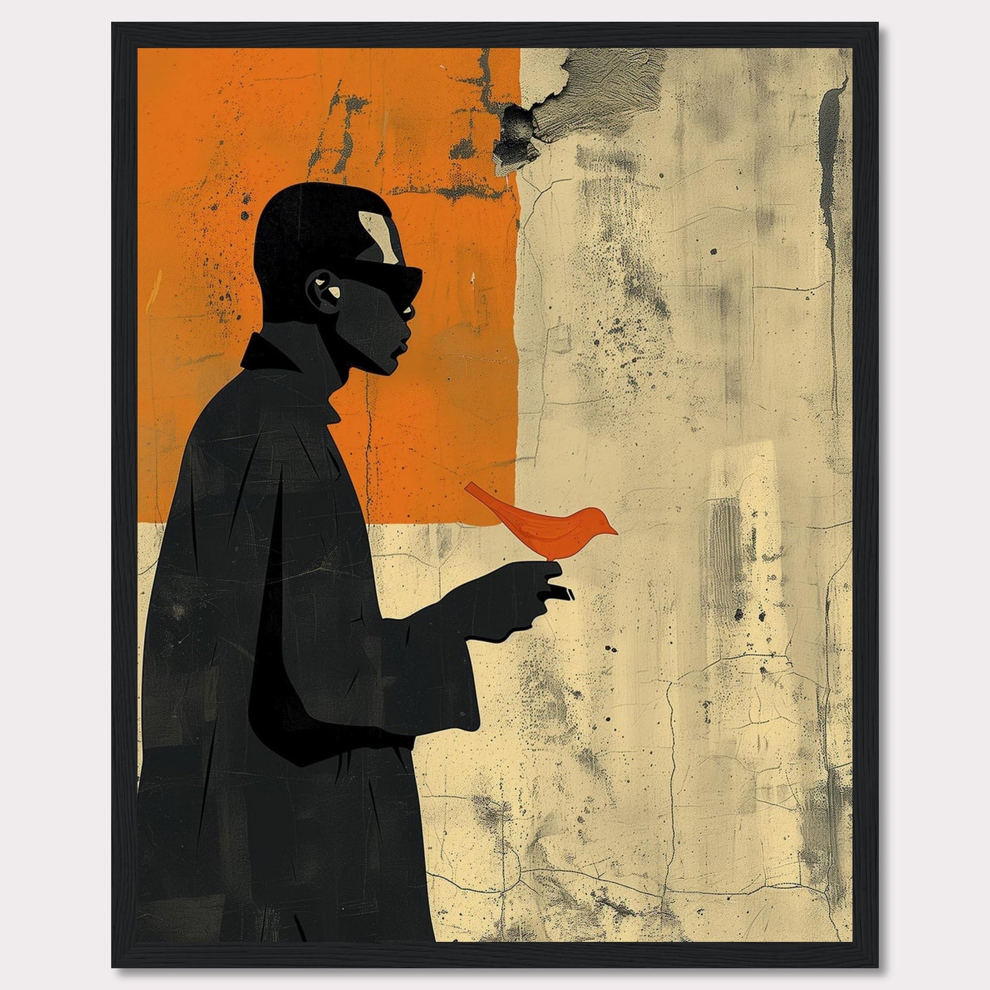 This striking artwork features a silhouette of a person holding a vibrant orange bird against a textured, abstract background. The contrast between the dark figure and the bright bird creates a powerful visual impact.