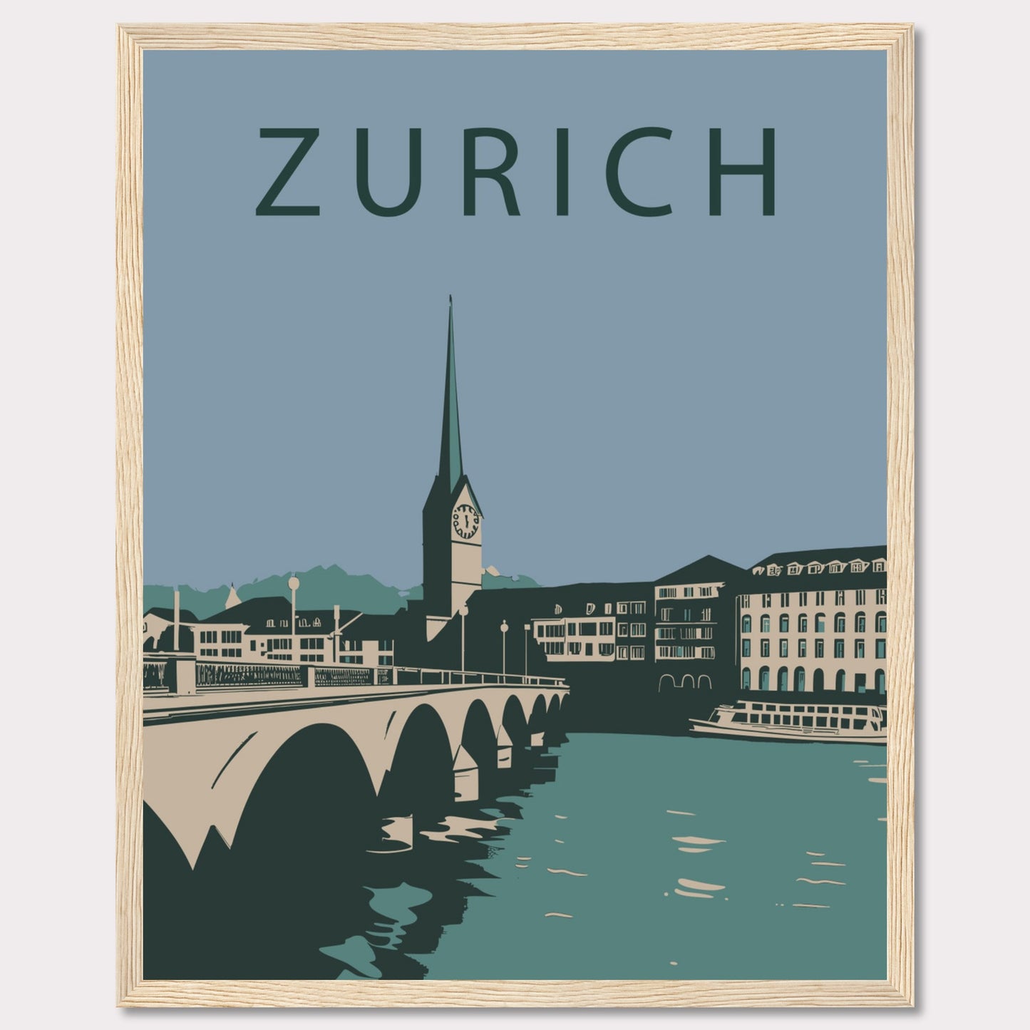 This poster features a serene illustration of Zurich, showcasing its iconic architecture and tranquil river scene.