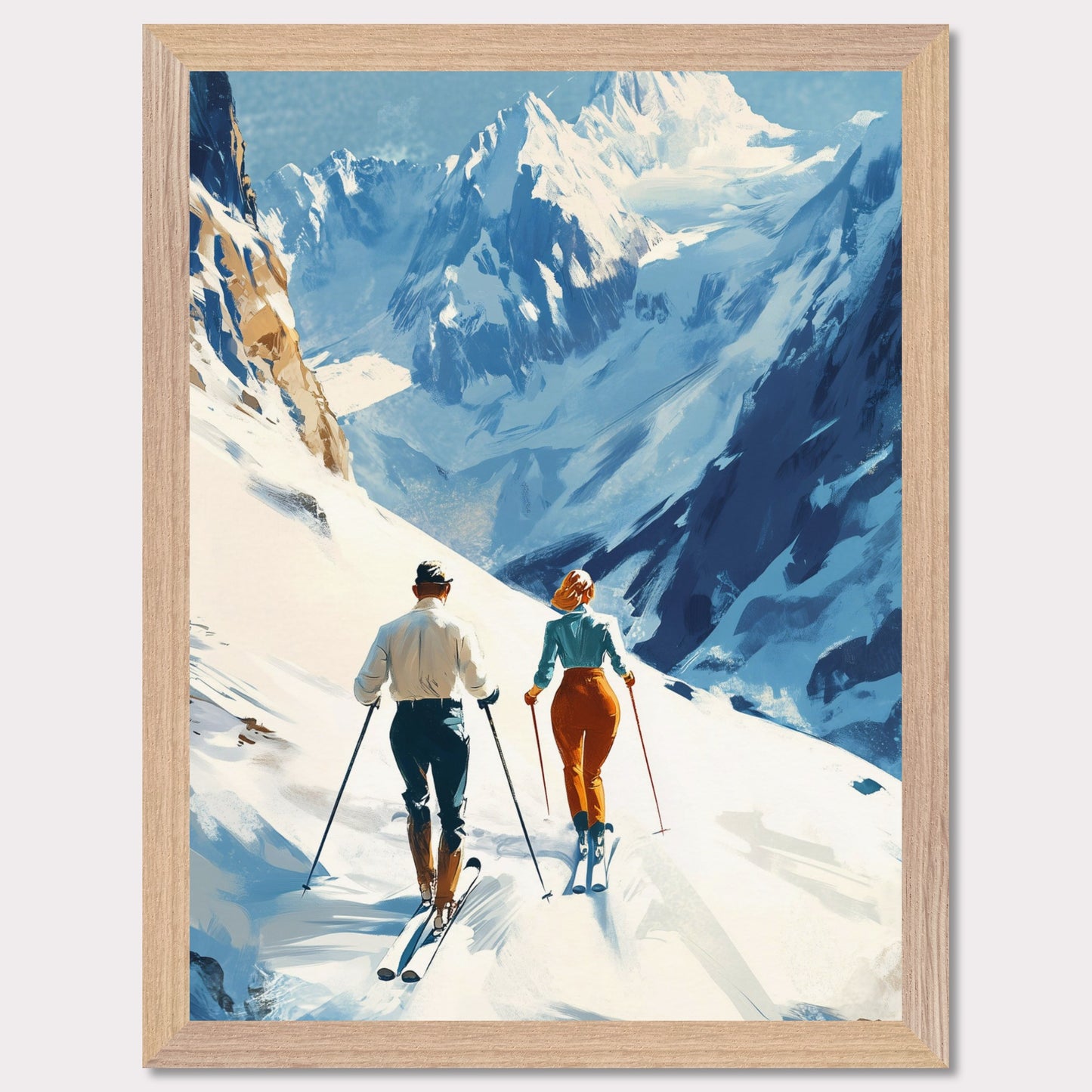 This retro poster captures the elegance and adventure of alpine skiing in Switzerland, circa 1960. Two fashionable skiers glide down the pristine snow with majestic mountains towering in the background. The vibrant colors of their outfits contrast beautifully against the white landscape, while the bold lettering emphasizes the stylish allure of alpine sports.