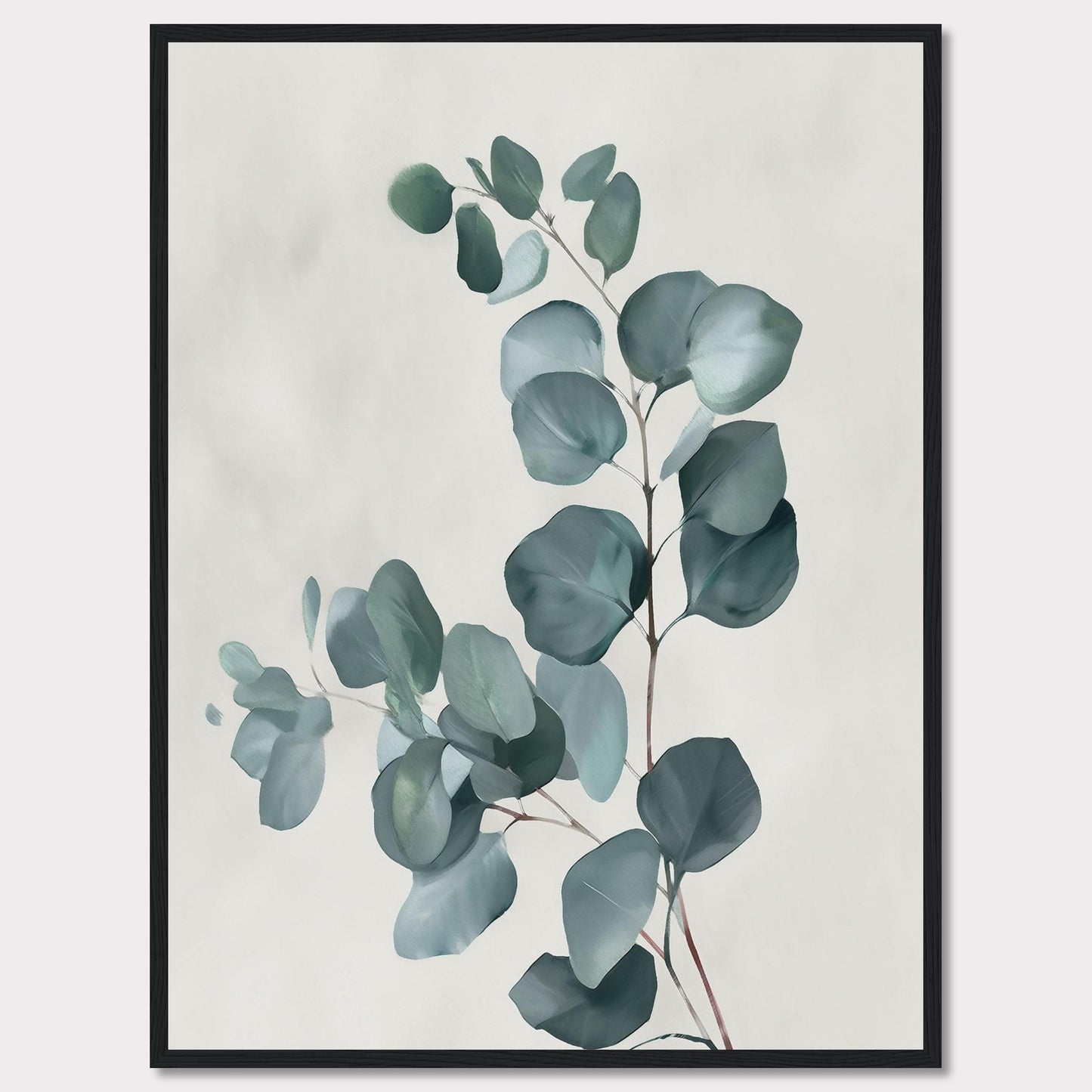 This image showcases a minimalist botanical artwork featuring eucalyptus leaves. The leaves are painted in soft, muted green tones against a light background, creating a serene and calming effect.