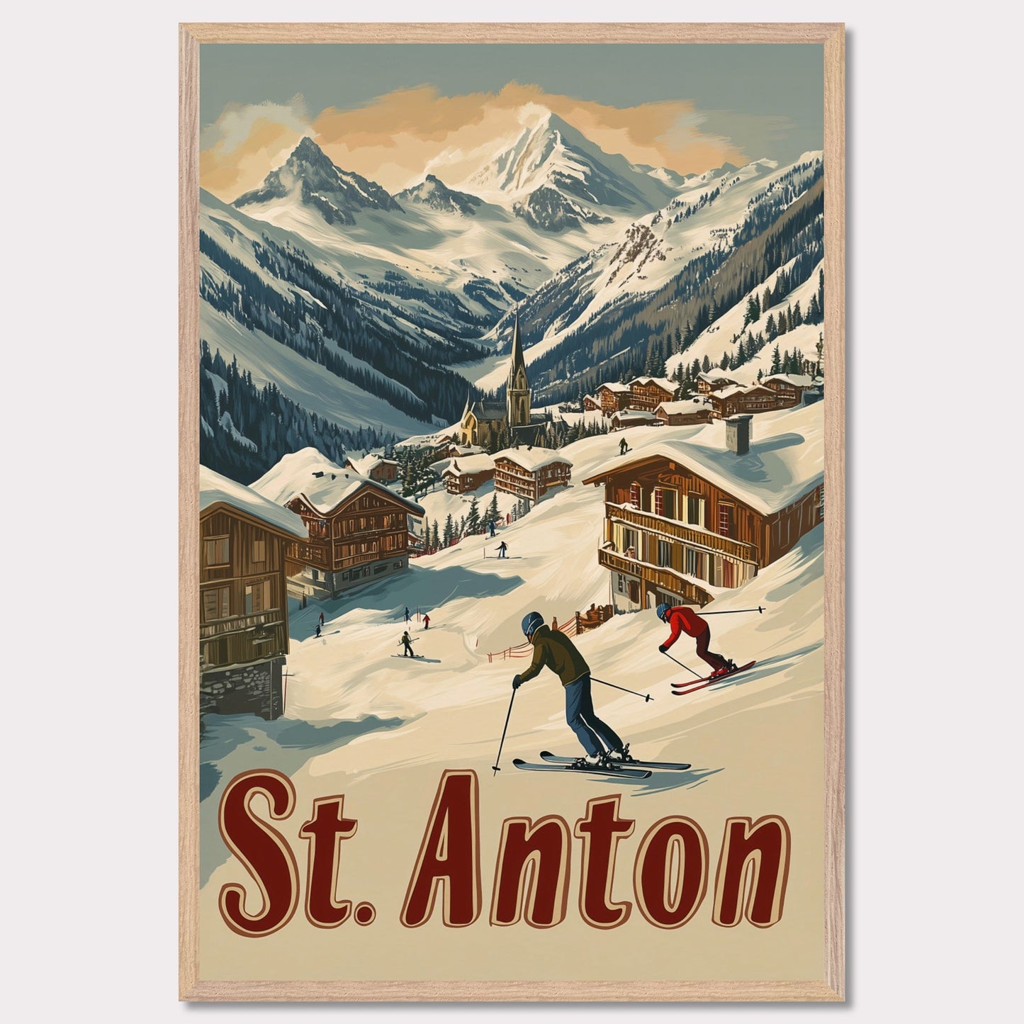 This captivating poster showcases the thrill of skiing in St. Anton, with a group of skiers carving through the fresh powder beneath the dramatic peaks of the Alps. The background features a picturesque village of wooden chalets nestled among the snow, while the rich retro colors and typography emphasize the adventurous spirit of St. Anton as a premier ski destination. The poster evokes both the excitement of the slopes and the warmth of alpine hospitality.