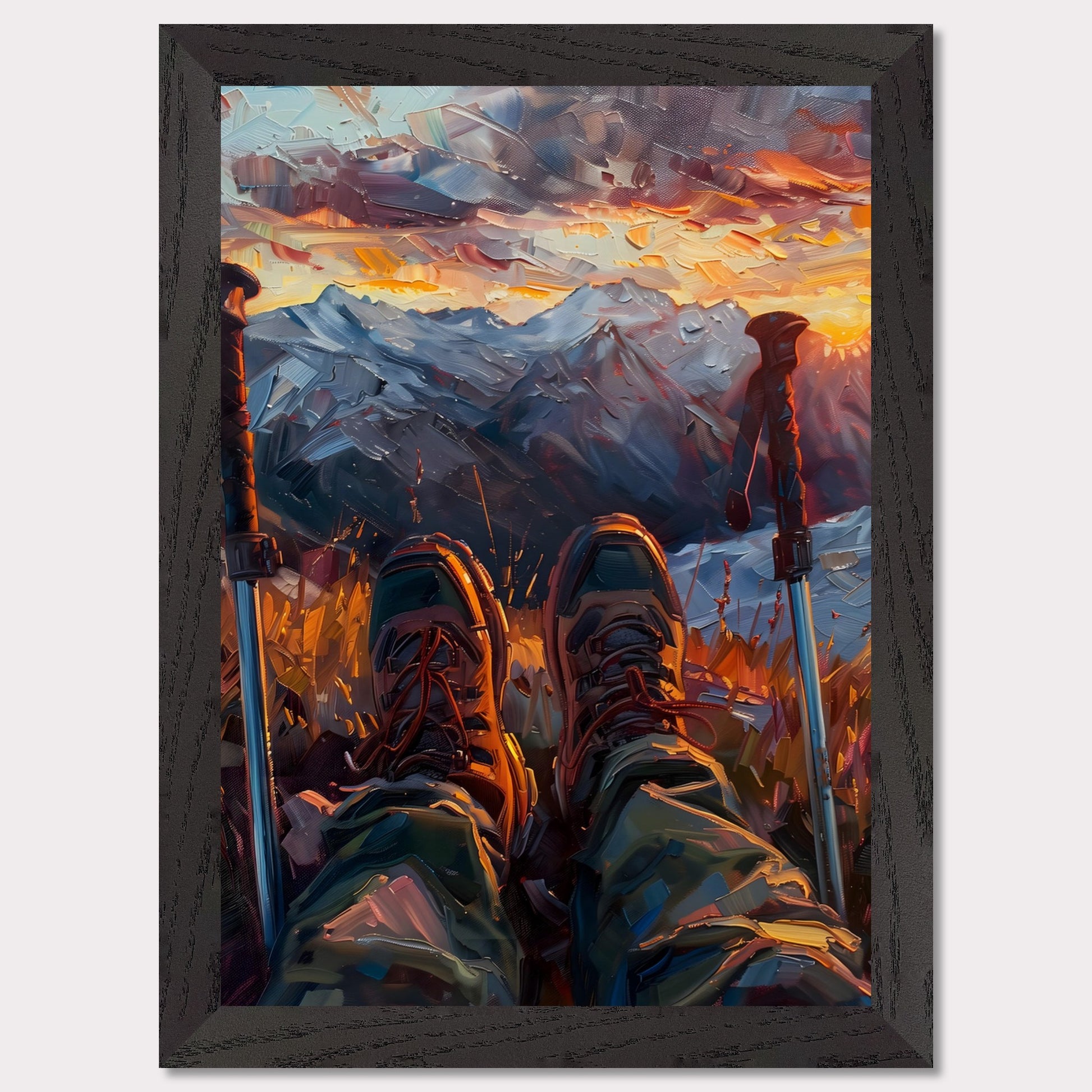 This illustration depicts a serene mountain landscape at sunset, viewed from the perspective of a hiker resting with their legs stretched out.