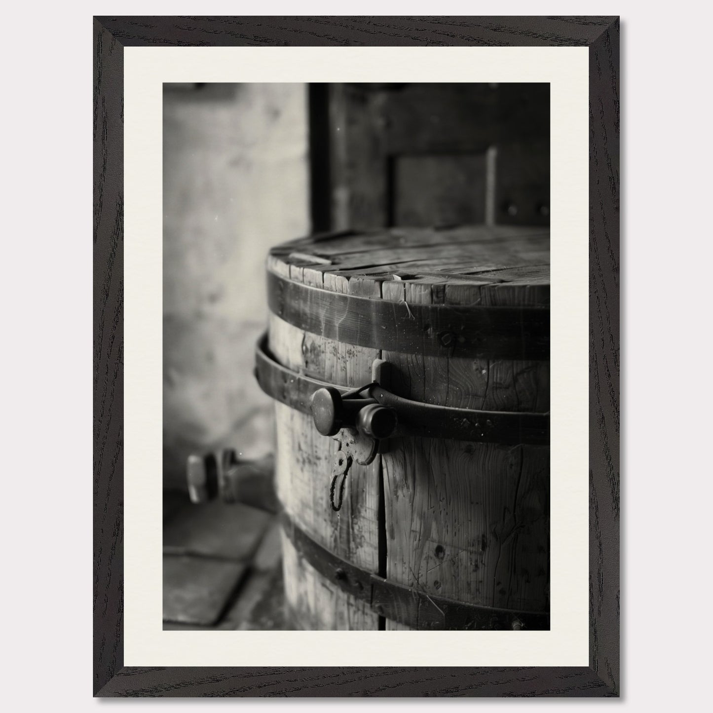 This black and white illustration depicts an old wooden barrel with metal bands, placed in a rustic setting.