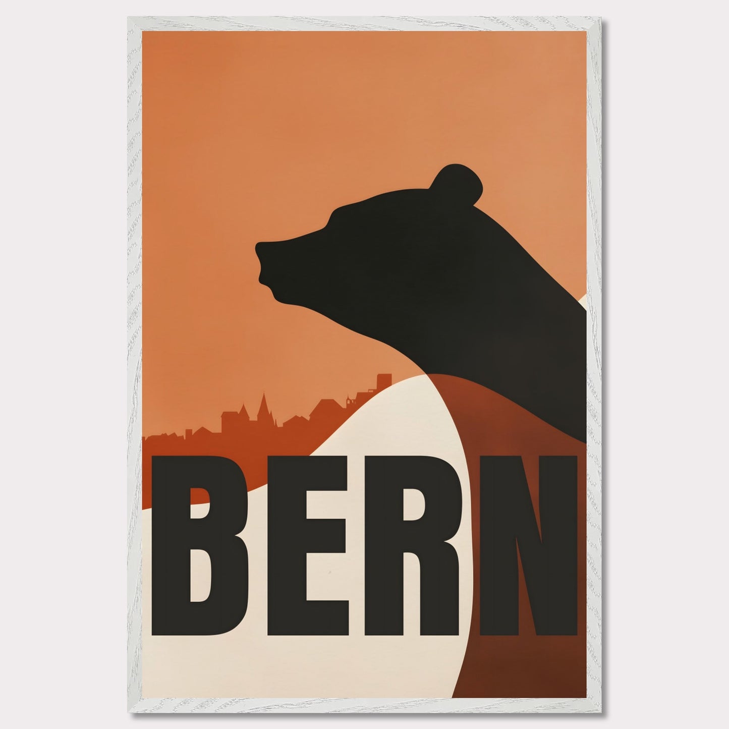 This minimalist poster features the silhouette of a bear — the symbol of Bern — against an orange sky and the city's architectural skyline. Simple yet profound, the design captures the atmosphere of Switzerland's capital and its rich cultural heritage.