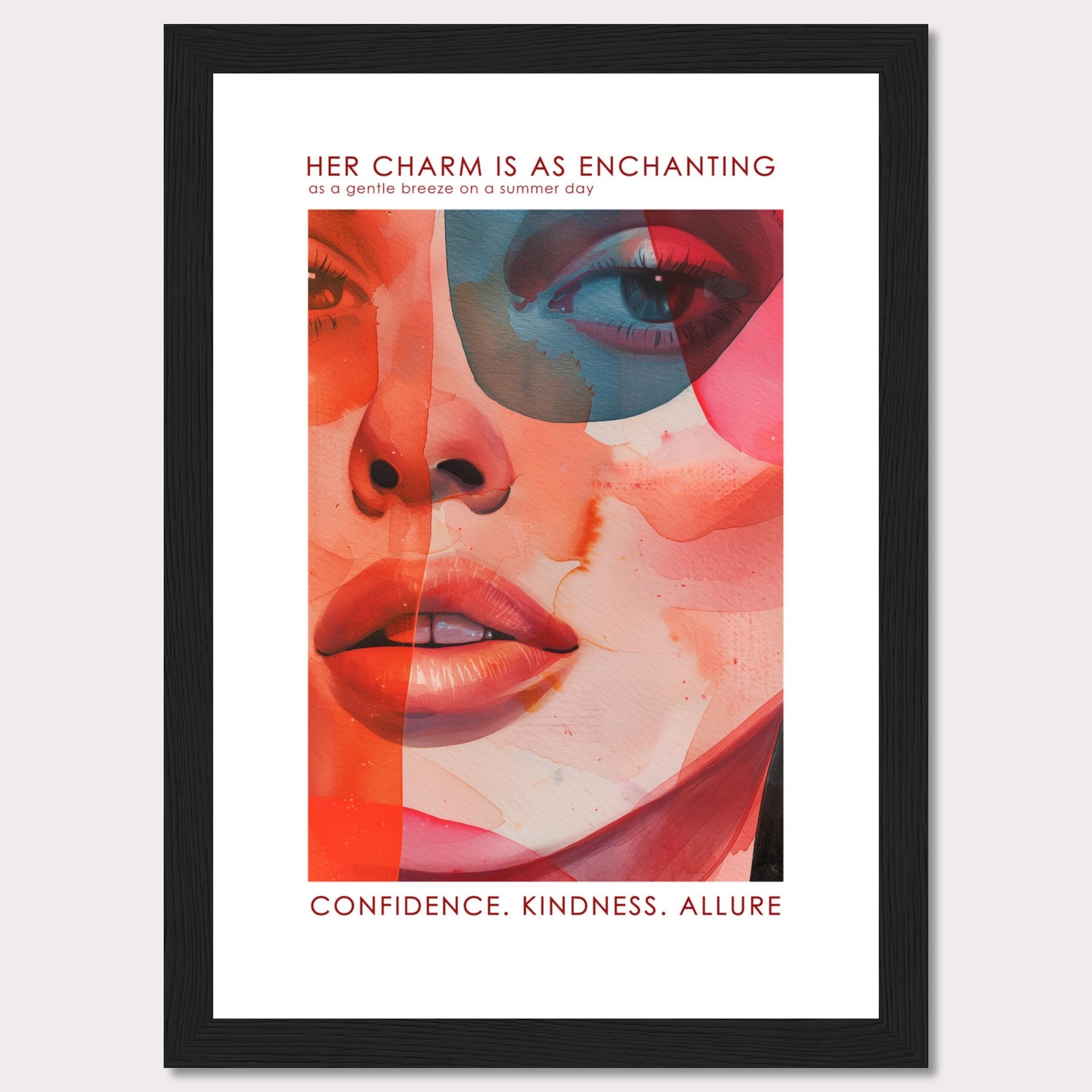 This captivating artwork features a vibrant and abstract portrait of a woman's face, blending warm and cool tones seamlessly. The text at the top reads, "HER CHARM IS AS ENCHANTING as a gentle breeze on a summer day," and at the bottom, it emphasizes "CONFIDENCE. KINDNESS. ALLURE." The image evokes a sense of elegance, mystery, and strength.