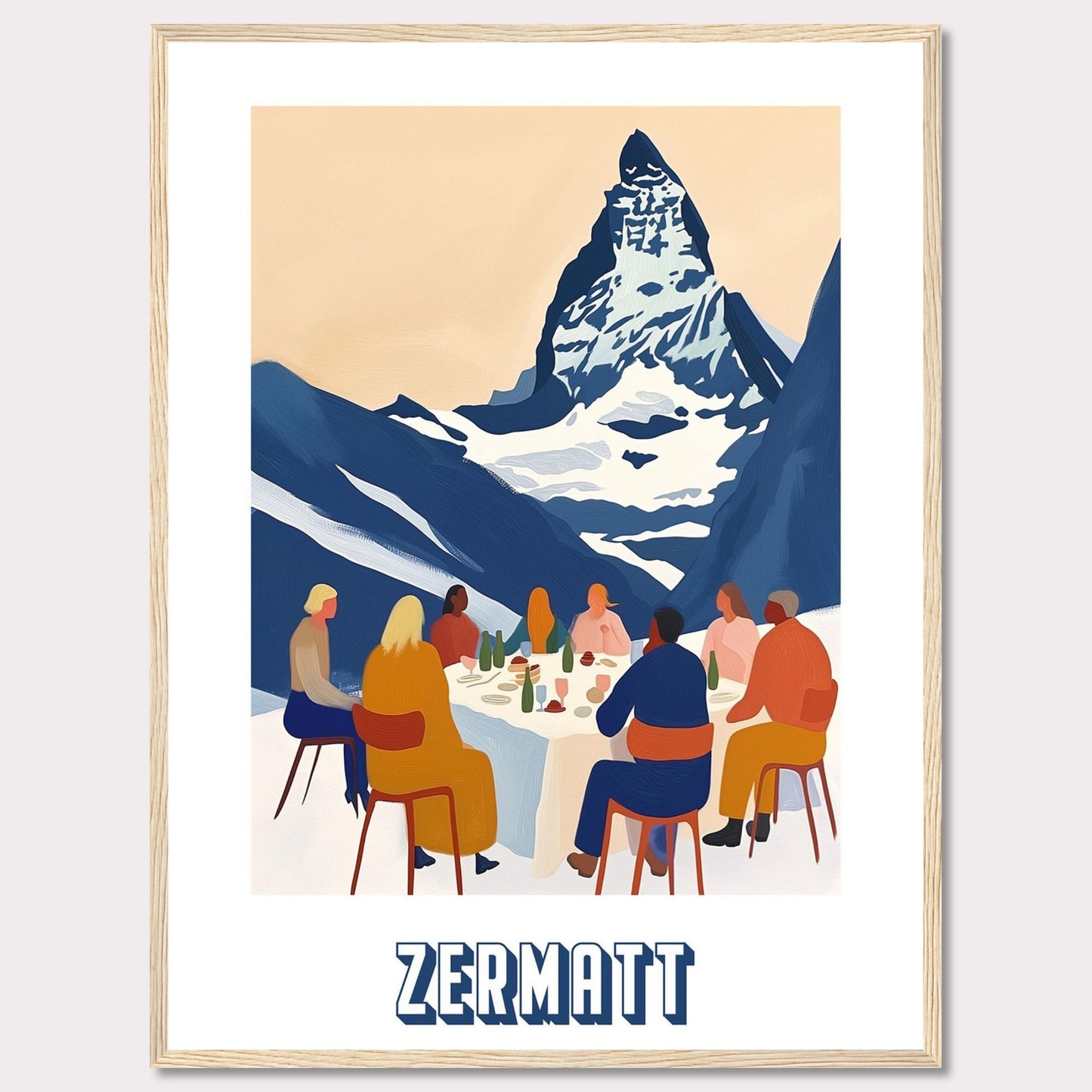 A vibrant and artistic illustration of a group of people dining outdoors with the majestic Matterhorn mountain in the background. The scene captures the essence of Zermatt, Switzerland.